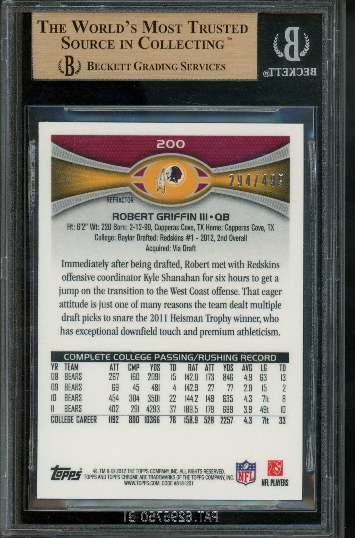 2012 Topps Chrome Robert Griffin III Rookie RC Camo Refractor /499 BGS 9.5 Commanders