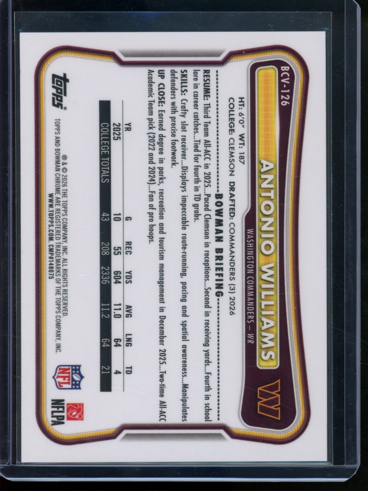 2026 Bowman Chrome Antonio Williams Rookie RC Gold Shimmer Refractor /50 Commanders - Trading Card Market