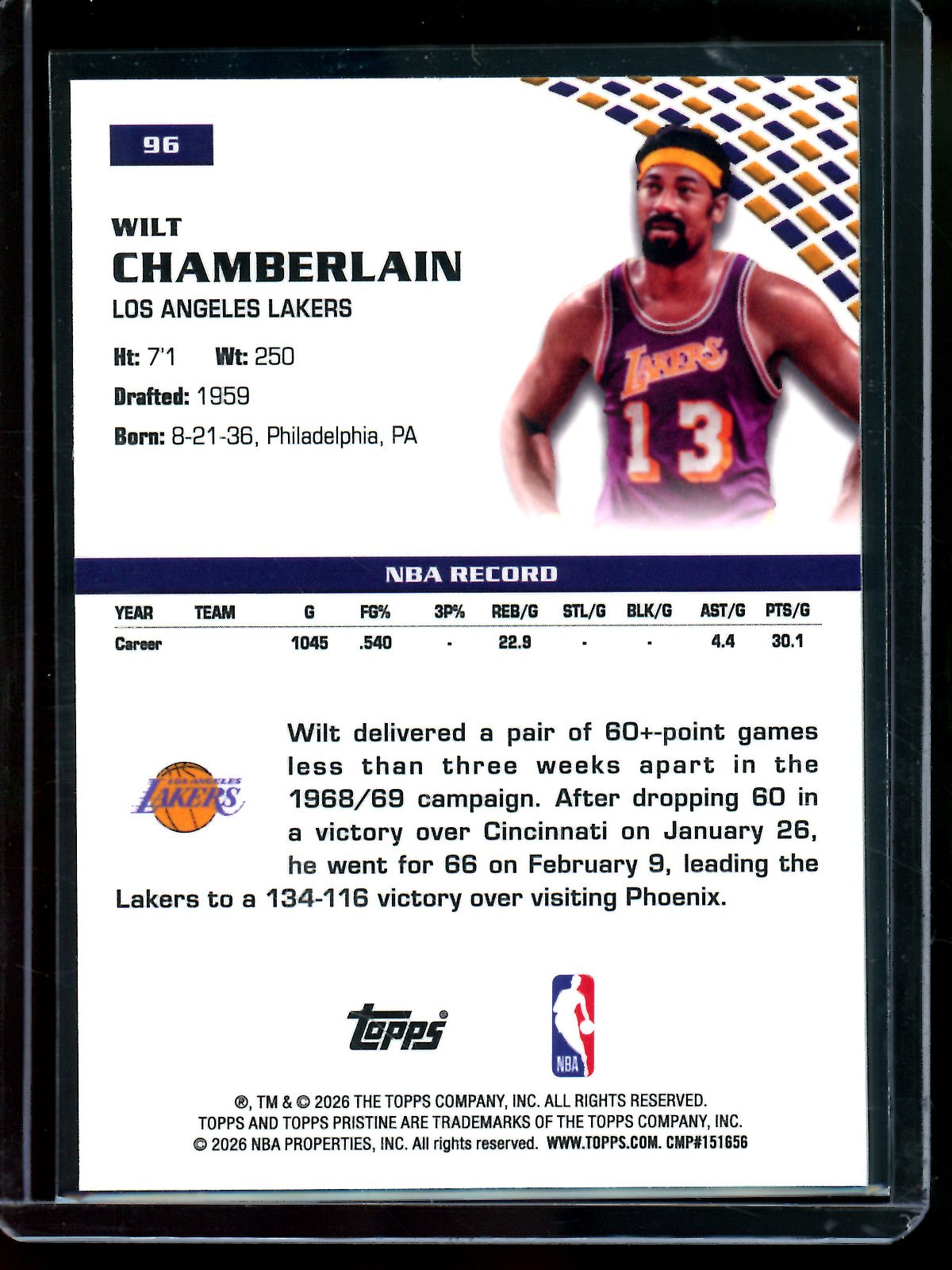 2025/26 Topps Pristine Wilt Chamberlain Aqua Refractor /199 Lakers (B)