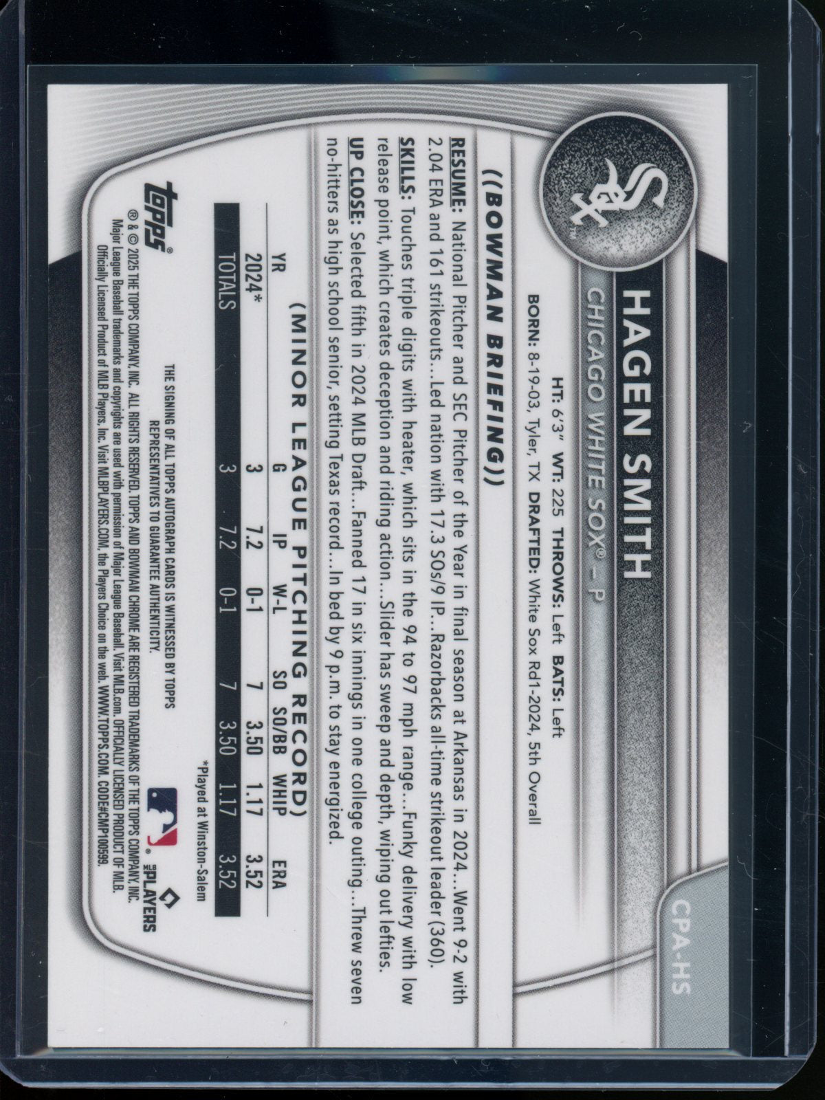 2025 Bowman Chrome Hagan Smith Blue Refractor Autograph /150 White Sox