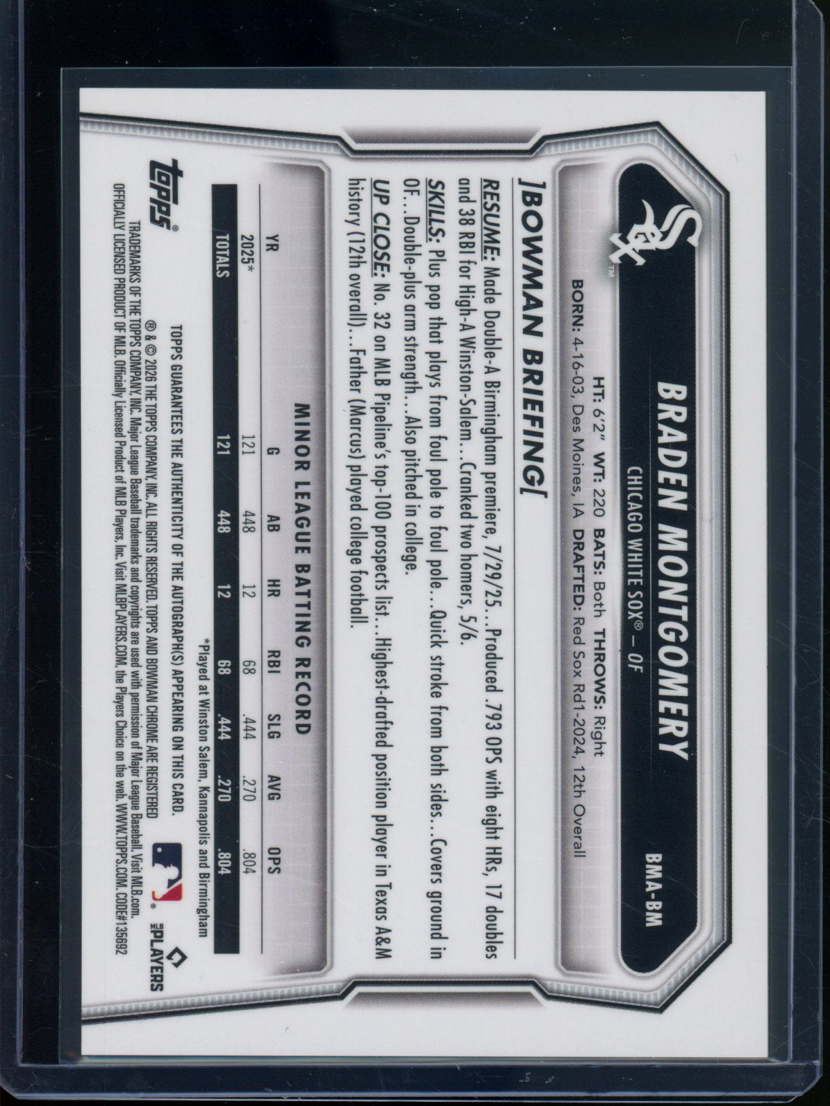 2026 Bowman Chrome Braden Montomery Mojo Refractor Autograph White Sox