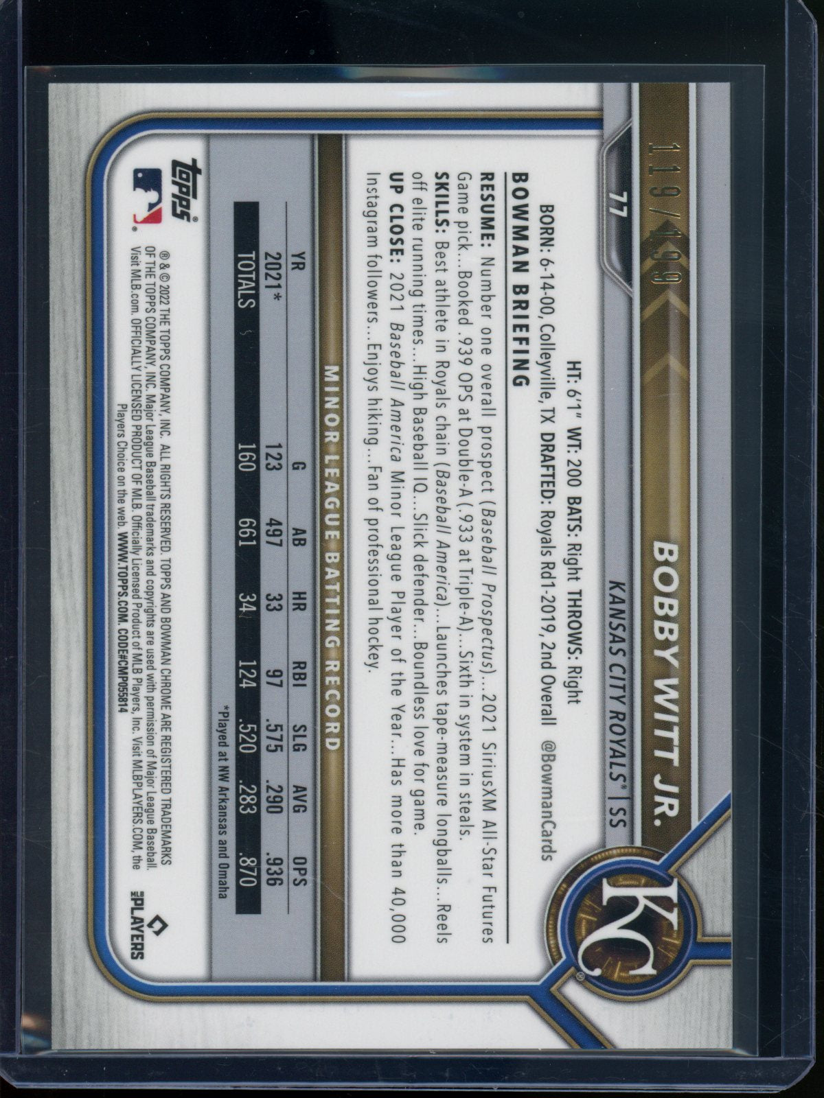 2022 Bowman Chrome Bobby Witt Jr Rookie RC Mini-Diamond Refractor /199 Royals