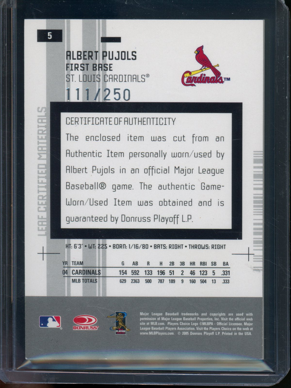 2005 Leaf Certified Albert Pujols Mirror Material Bat Relic /250 Cardinals