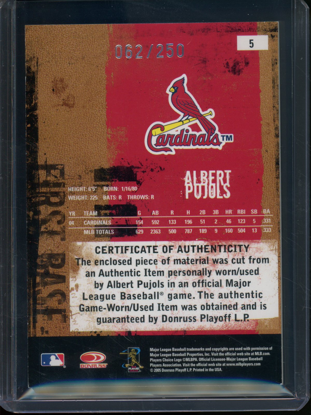 2005 Panini Leather And Lumber Albert Pujols Jersey Relic Cardinals