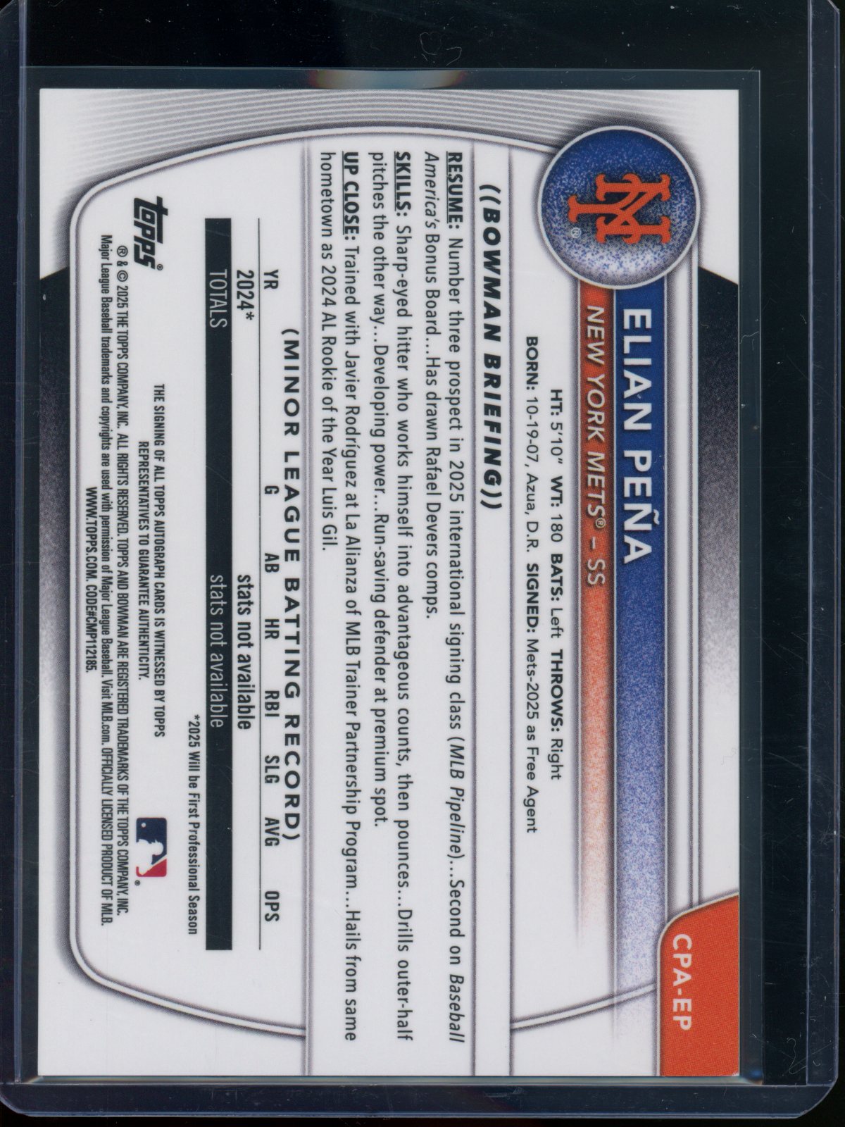 2025 Bowman Chrome Elian Pena 1st Green Lava Autograph Refractor /99 Mets