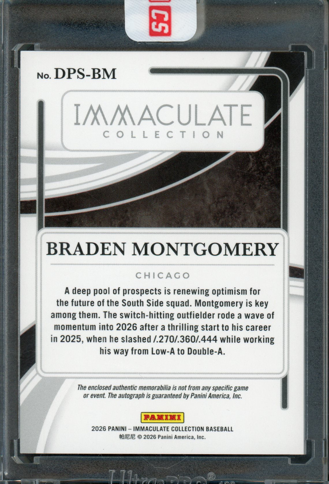 2026 Panini Immaculate Braden Montomery Dual Jersey Relic Autograph Encased /25 White Sox