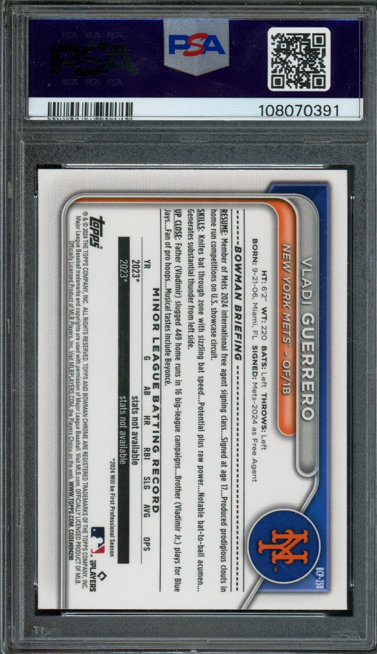 2024 Bowman Chrome Vladi Guerrero 1st Mojo Aqua Refractor /299 PSA 10 Mets