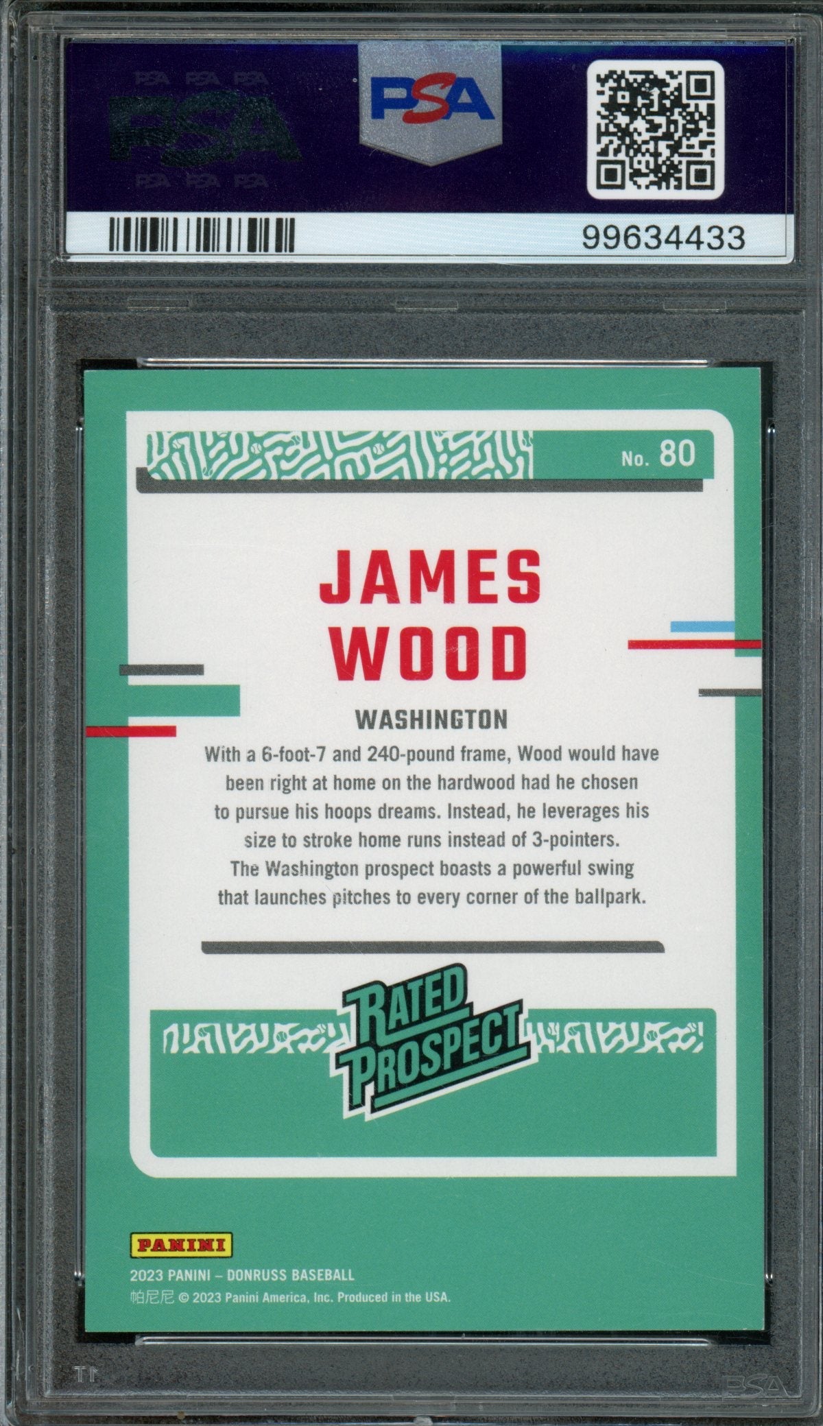 2023 Panini Donruss James Wood Rookie RC Artists Proof Gold /10 PSA 8 Nationals