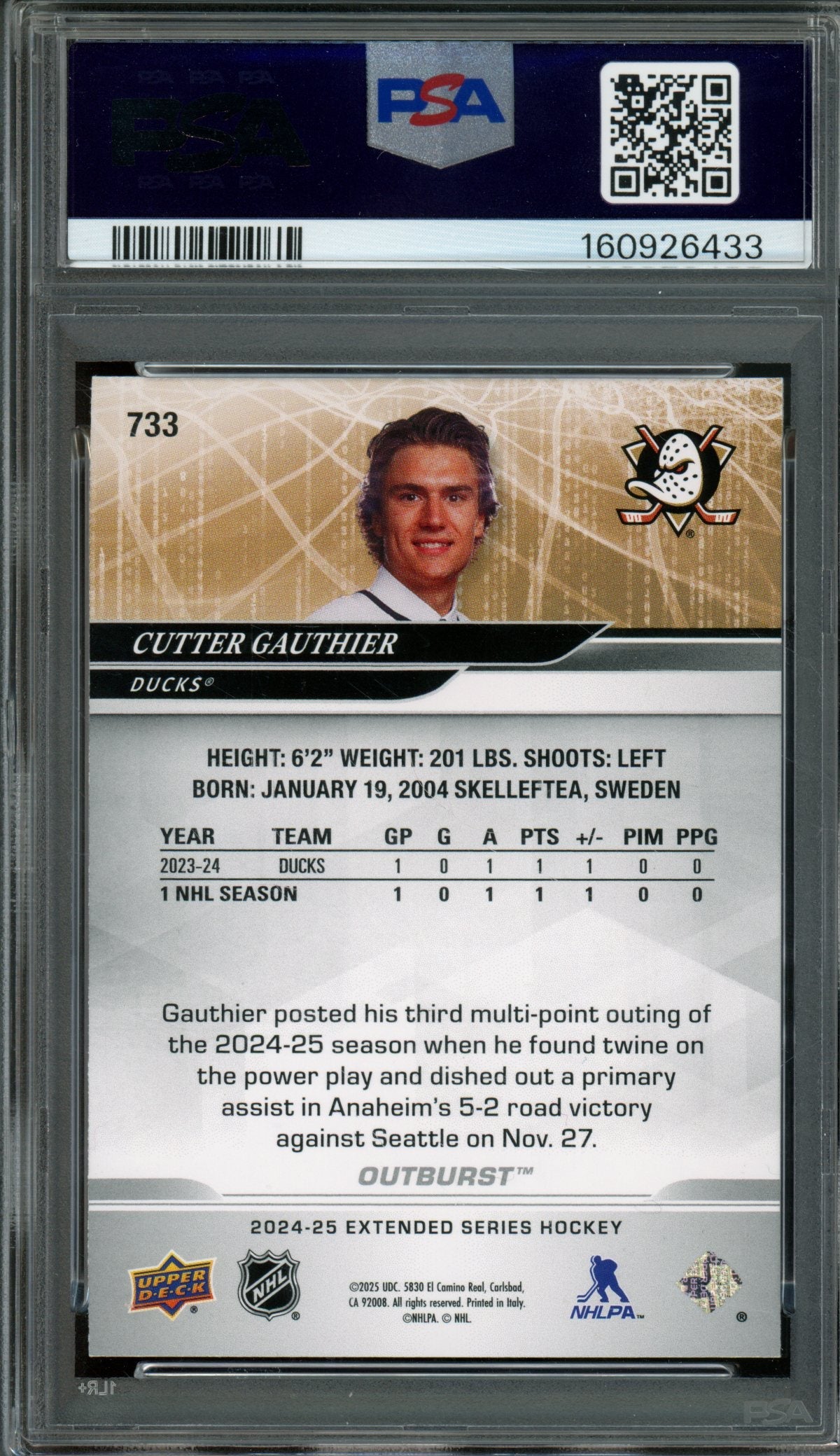 2024/25 Upper Deck Extended Series Cutter Gauthier Rookie RC Outburst PSA 10 Flyers