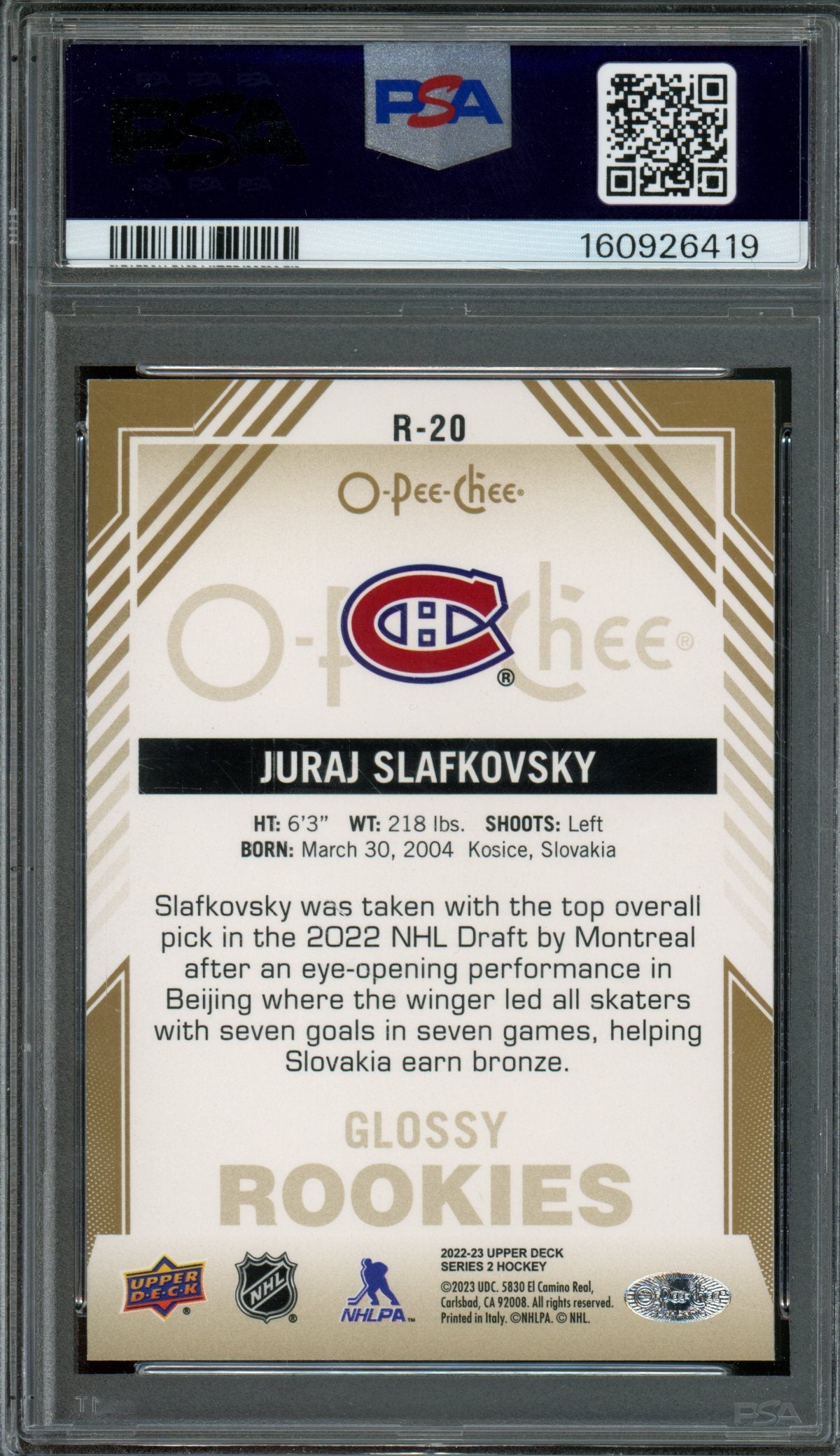2022/23 Upper Deck O-Pee-Chee Series 2 Juraj Slafkovsky Glossy Rookie Gold PSA 10 Canadiens