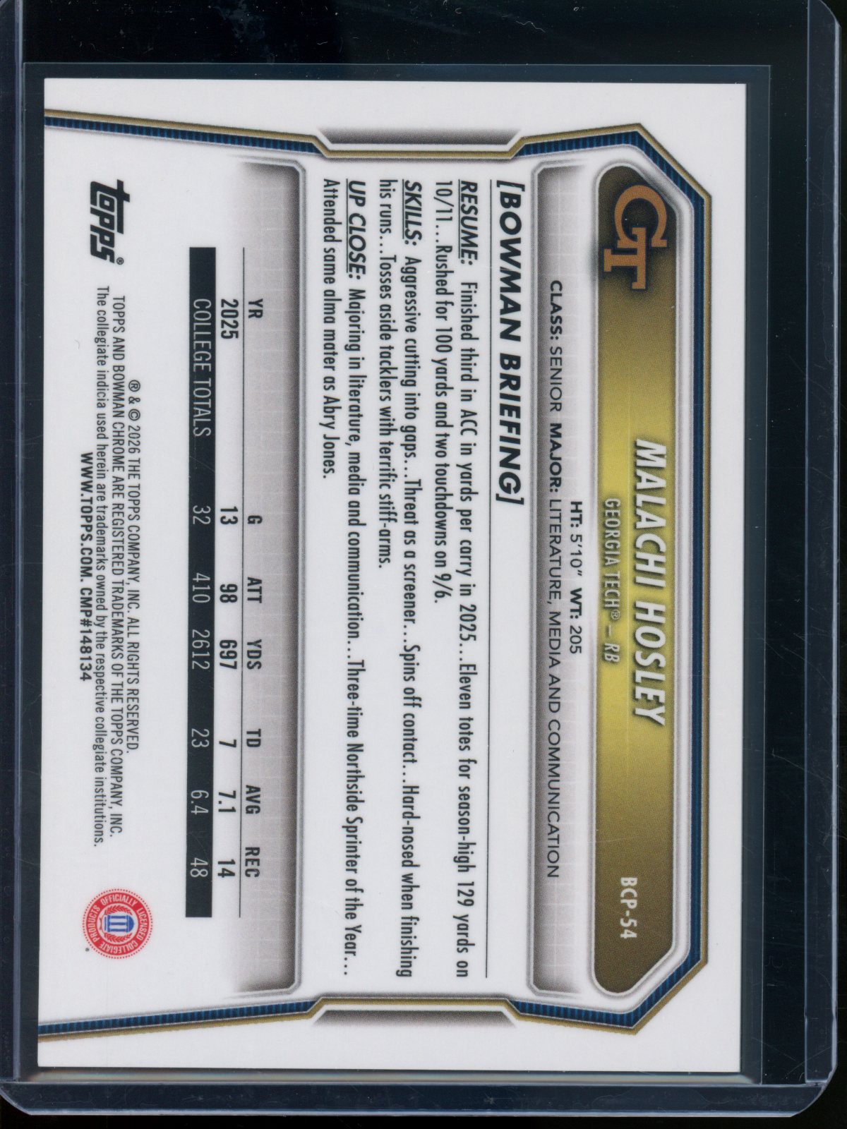 2026 Bowman Chrome Malachi Hosley 1st X-Fractor Black /10 Georgia Tech