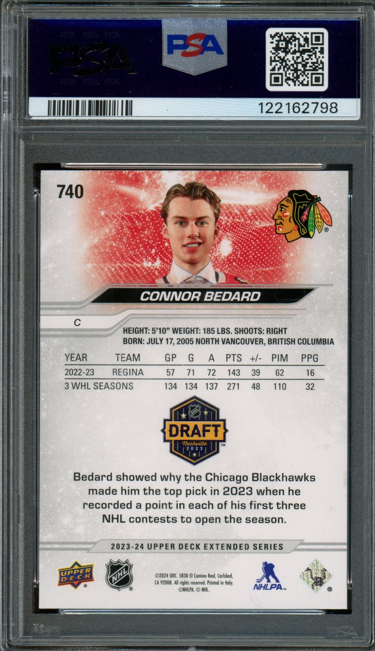 2023/24 Upper Deck Extended Series Connor Bedard Draft #740 PSA 9 Blackhawks