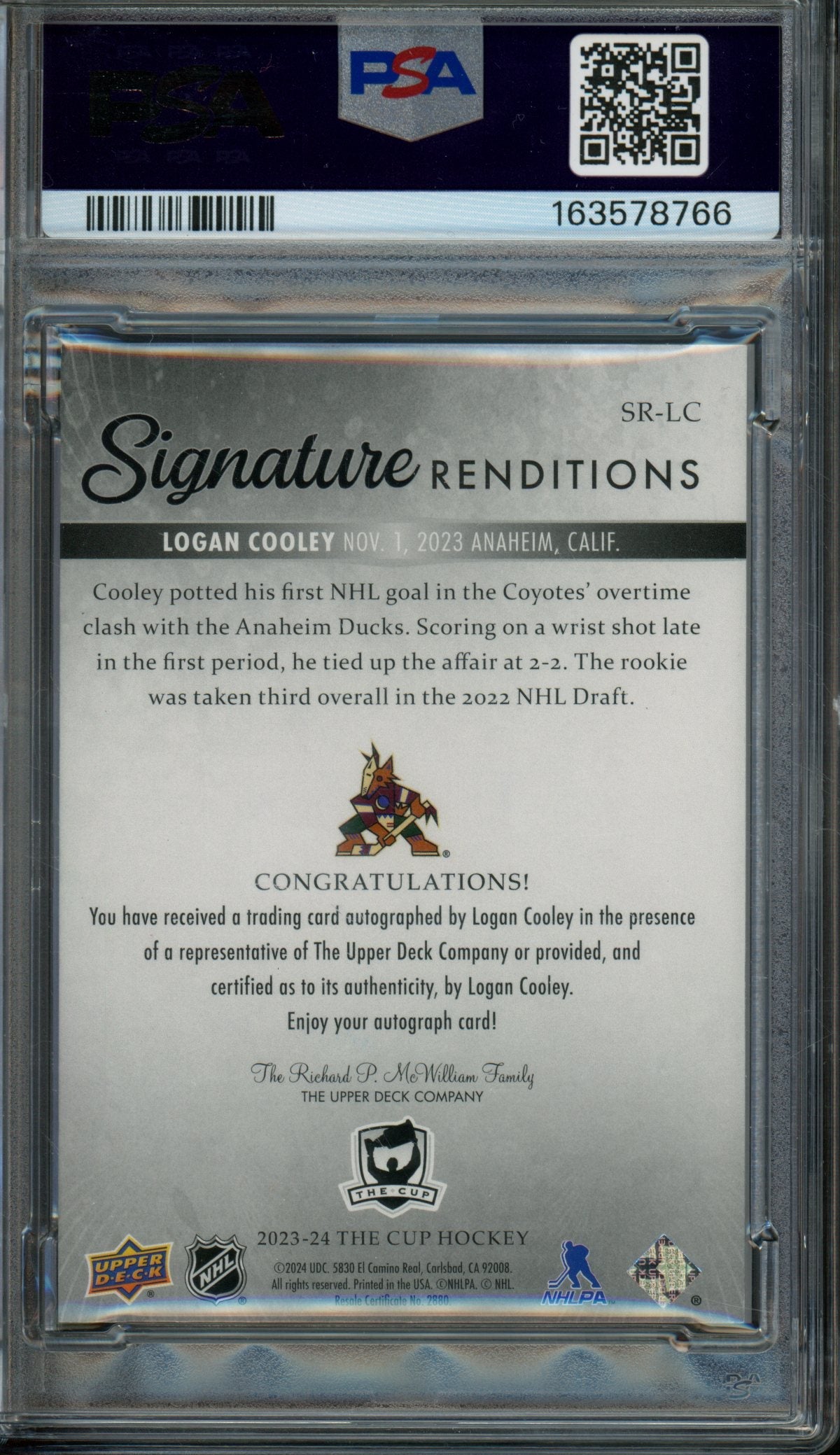 2023/24 Upper Deck The Cup Logan Cooley Signature Renditions #SRLC Autograph PSA 8 Cayotes