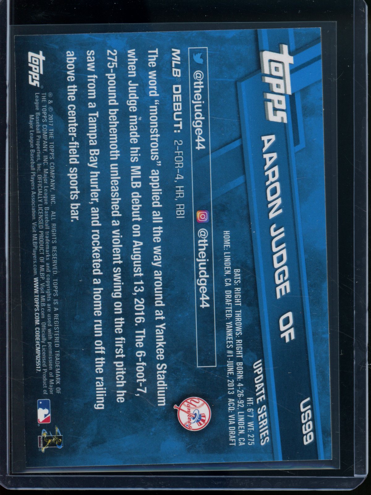 2017 Topps Flagship Aaron Judge Rookie RC Debut #US99 Yankees