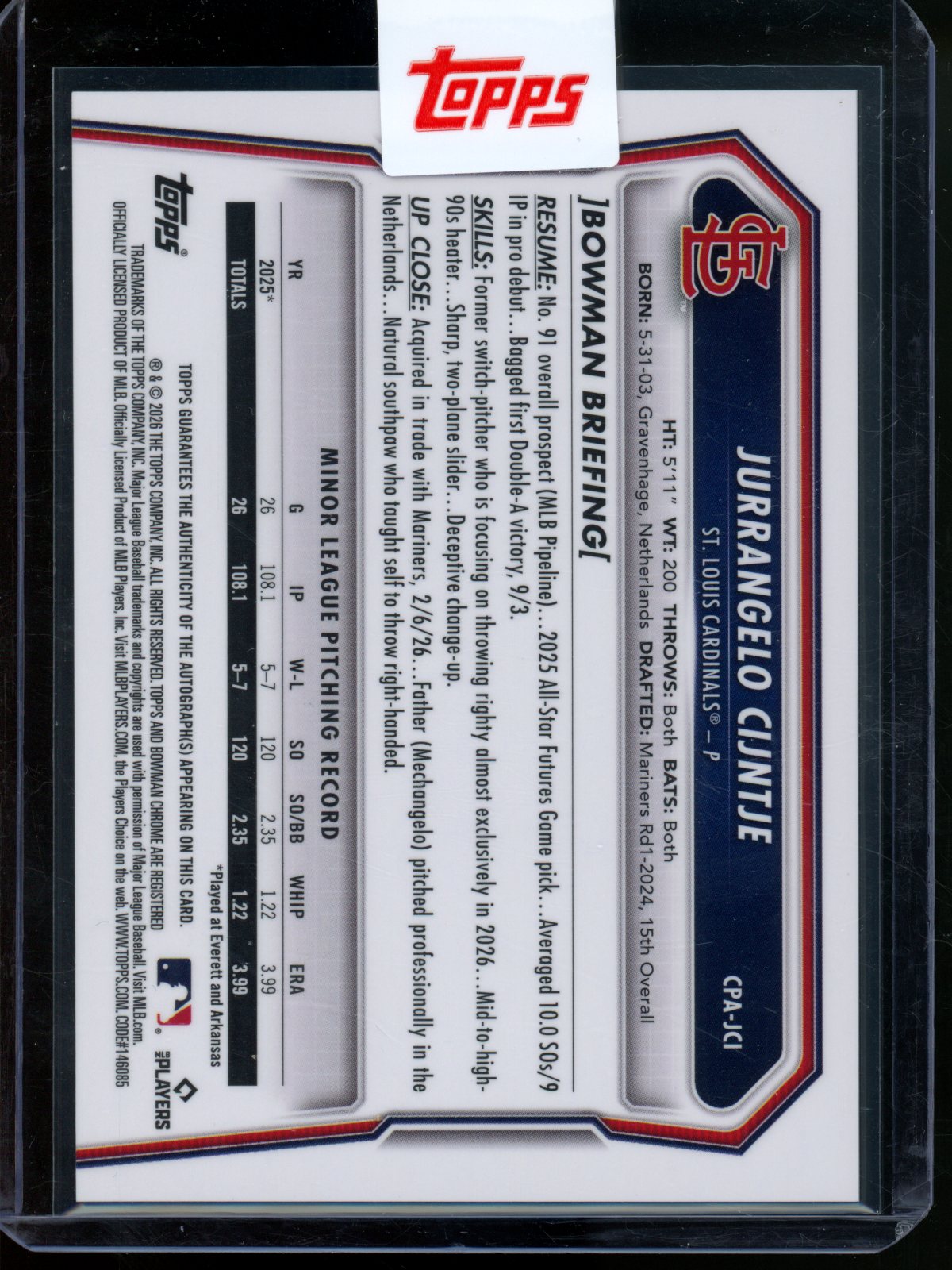 2026 Bowman Chrome Jurrangelo Cijntje 1st Purple Refractor Autograph /250 Cardinals