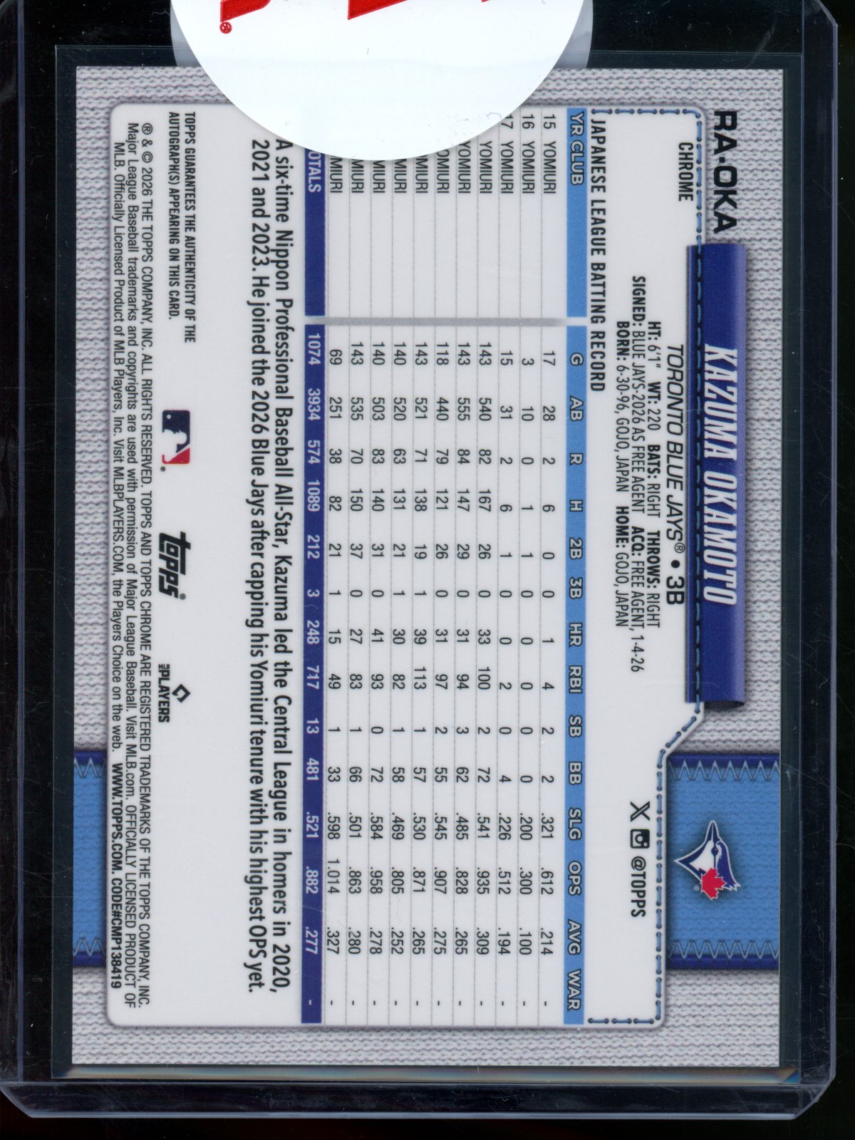 2026 Topps Chrome Kazuma Okamoto Rookie RC Autograph Aqua /299 Blue Jays