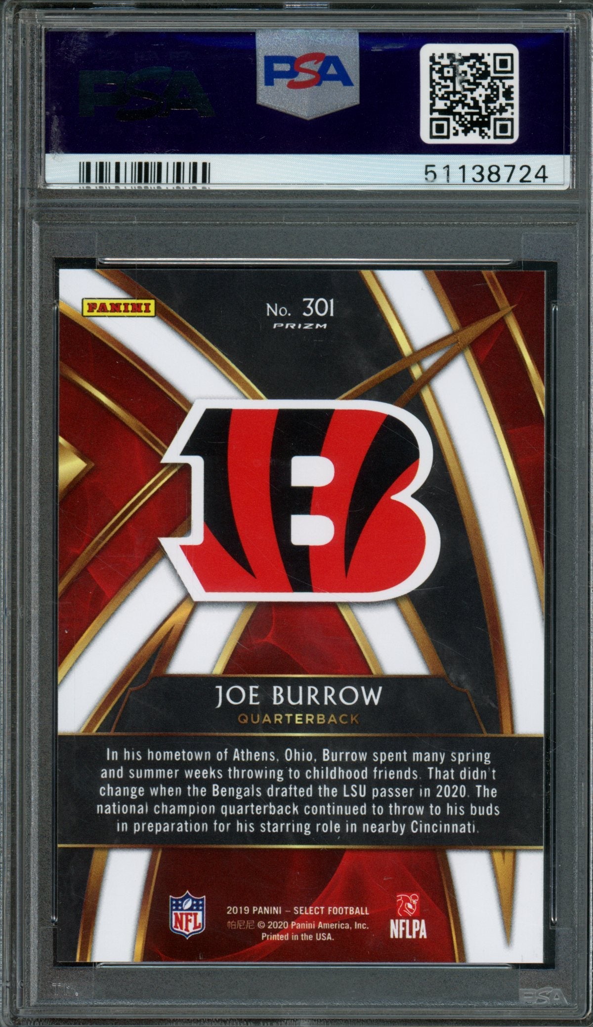 2019 Panini Select Joe Burrow Rookie RC XRC #301 PSA 10 Bengals
