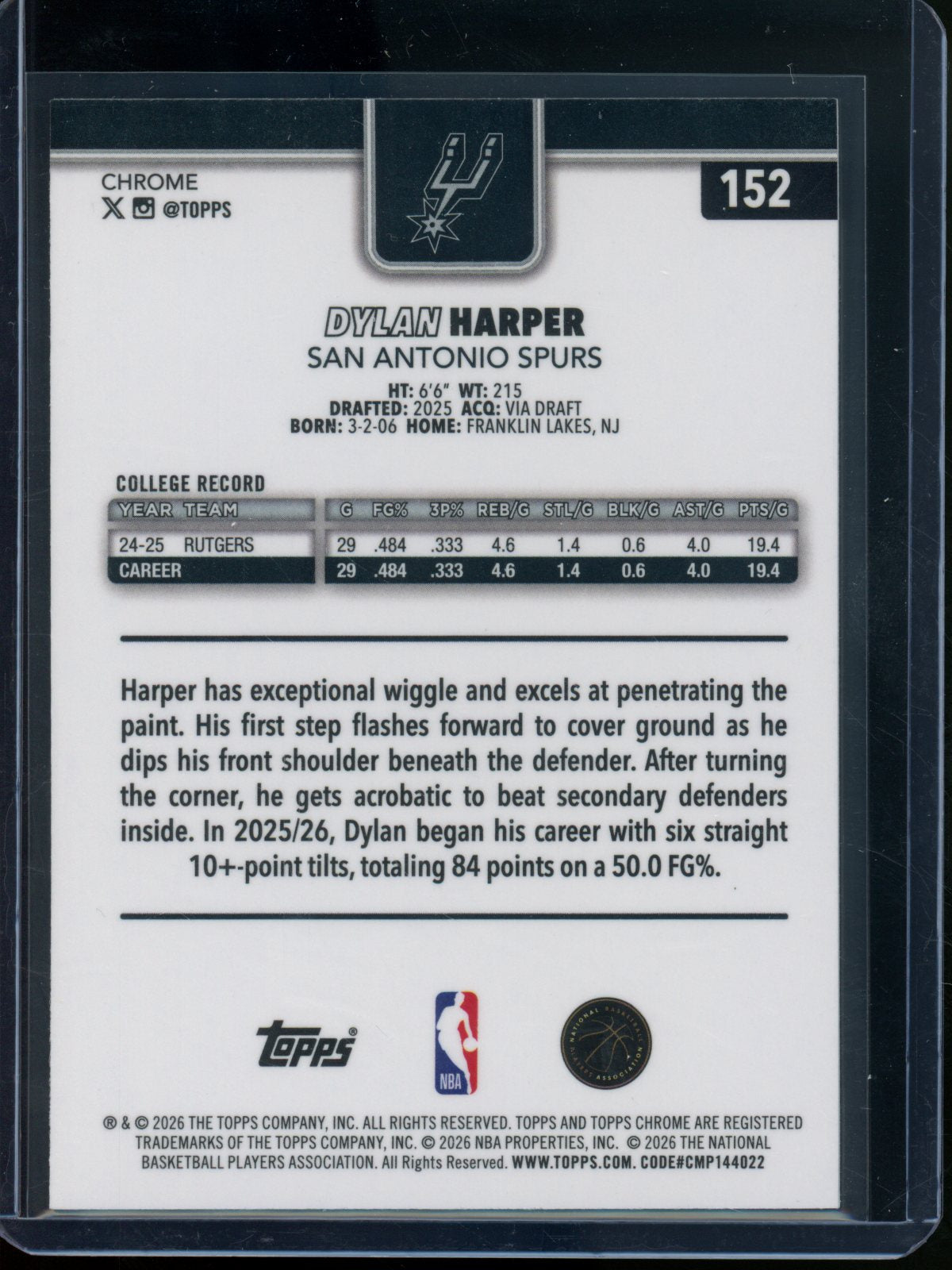 2025/26 Topps Chrome Dylan Harper Rookie RC X-Fractor Spurs