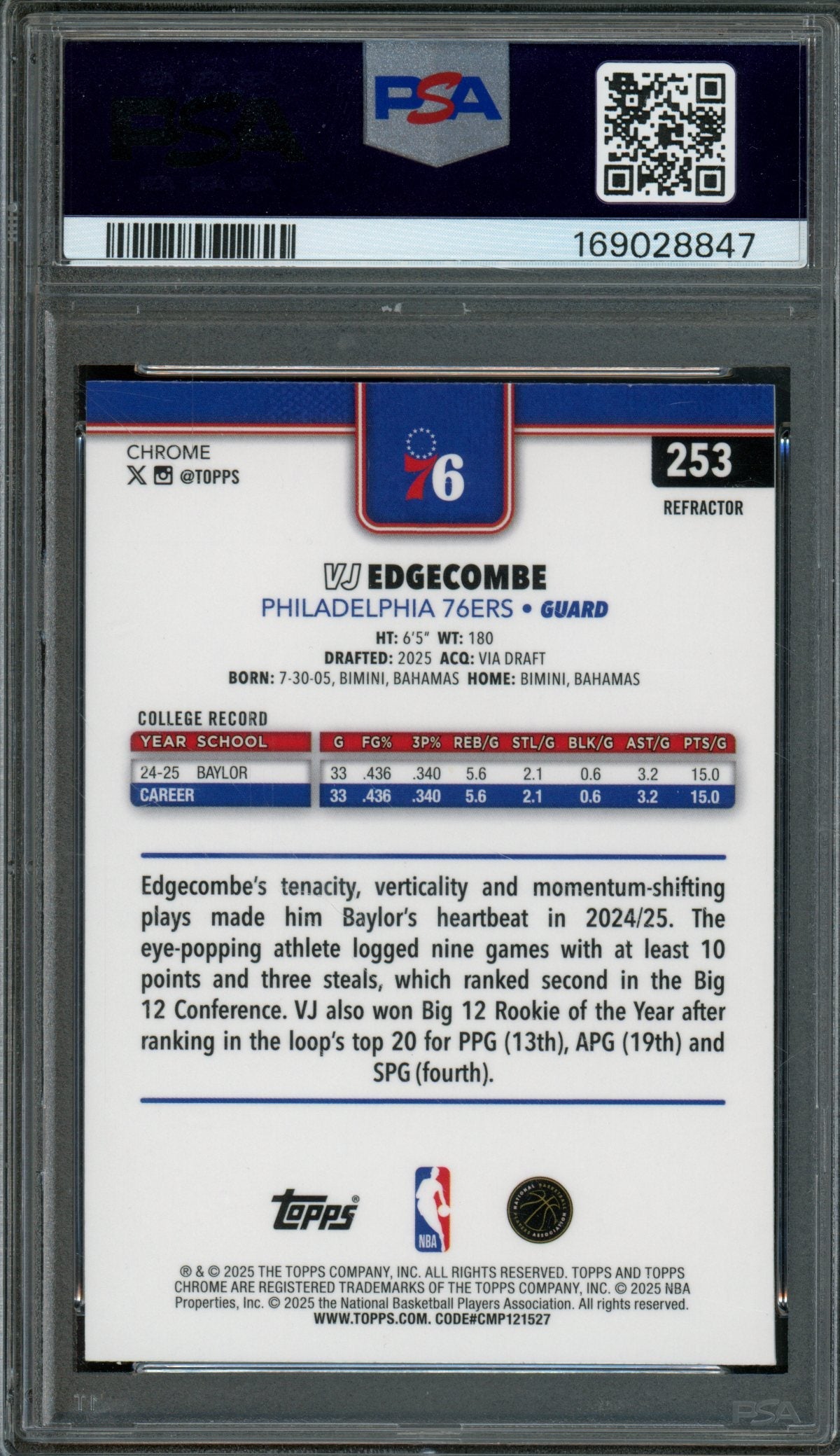 2025/26 Topps Chrome VJ Edgecombe Rookie RC Refractor PSA 10 76ers