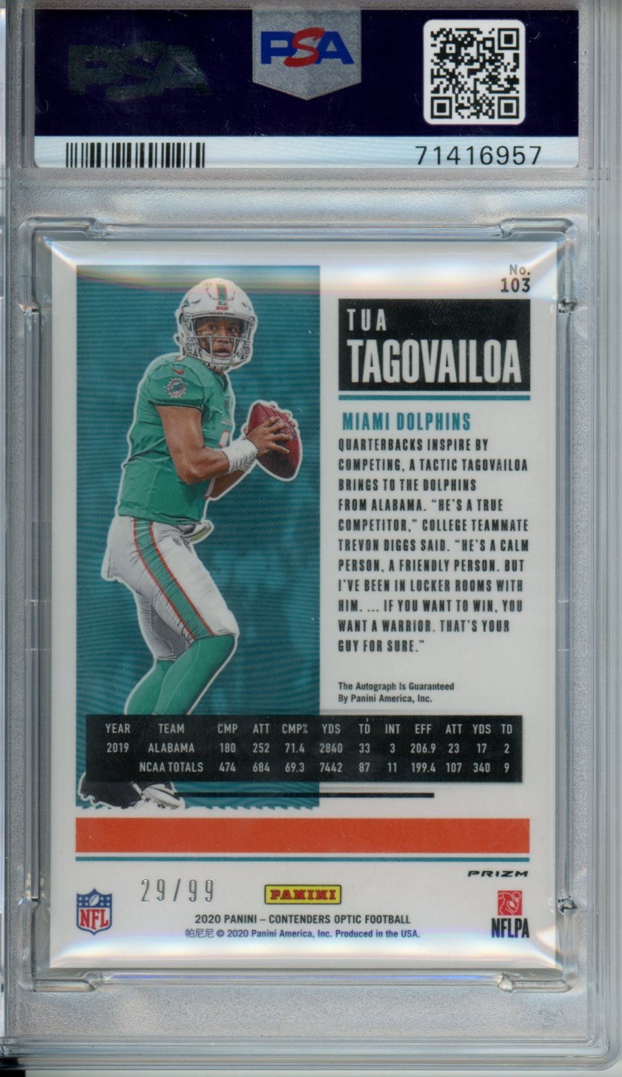 2020 Panini Contenders Optic Tua Tagovailoa Rookie Auto Teal /99 PSA 9/10 - Trading Card Market