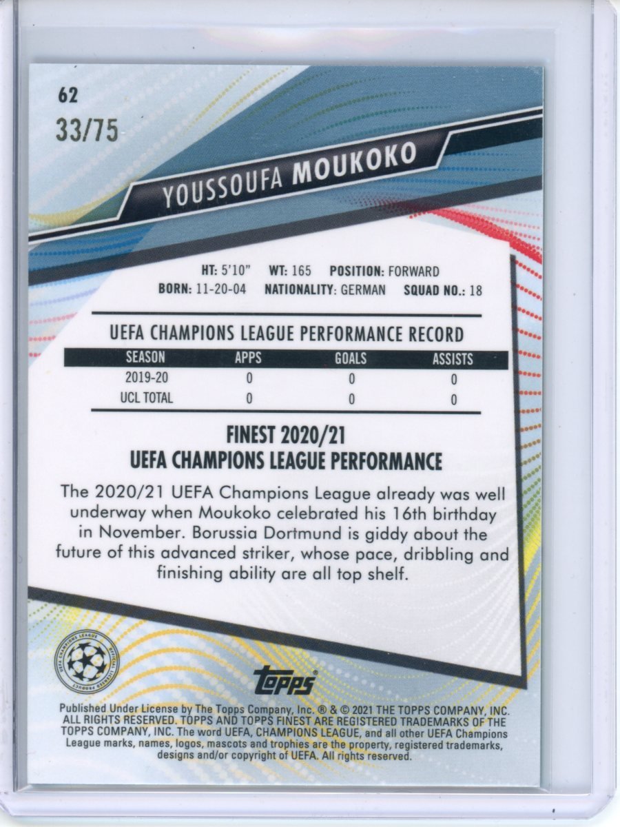 2021 Topps Finest Youssoufa Moukoko Rookie Aqua /75 Borussia Dortmund - Trading Card Market