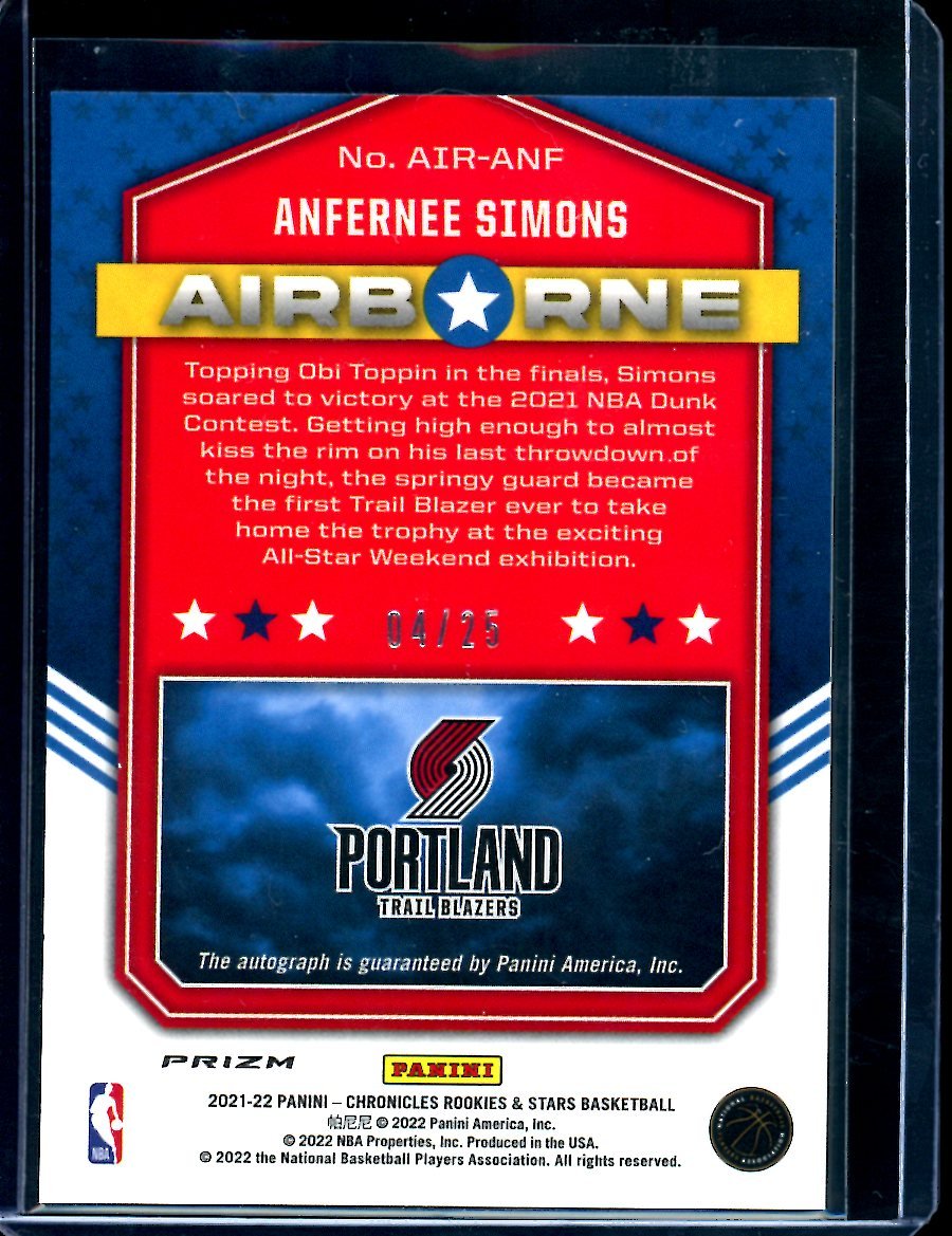 2021/22 Panini Chronicles Anfernee Simons Airborne Auto /25 Blazers - Trading Card Market