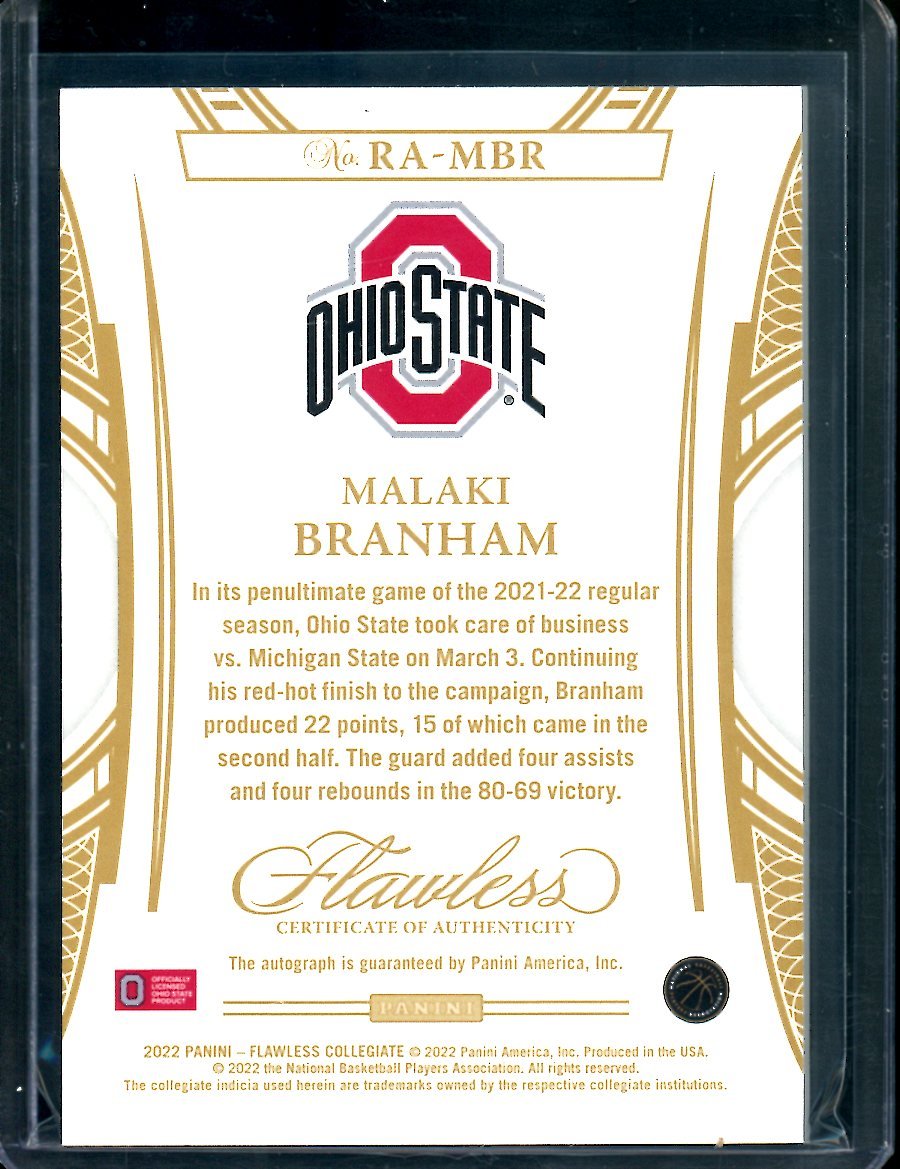 2022/23 Panini Flawless Collegiate Malaki Branham RC Auto Gold /10 Ohio State - Trading Card Market