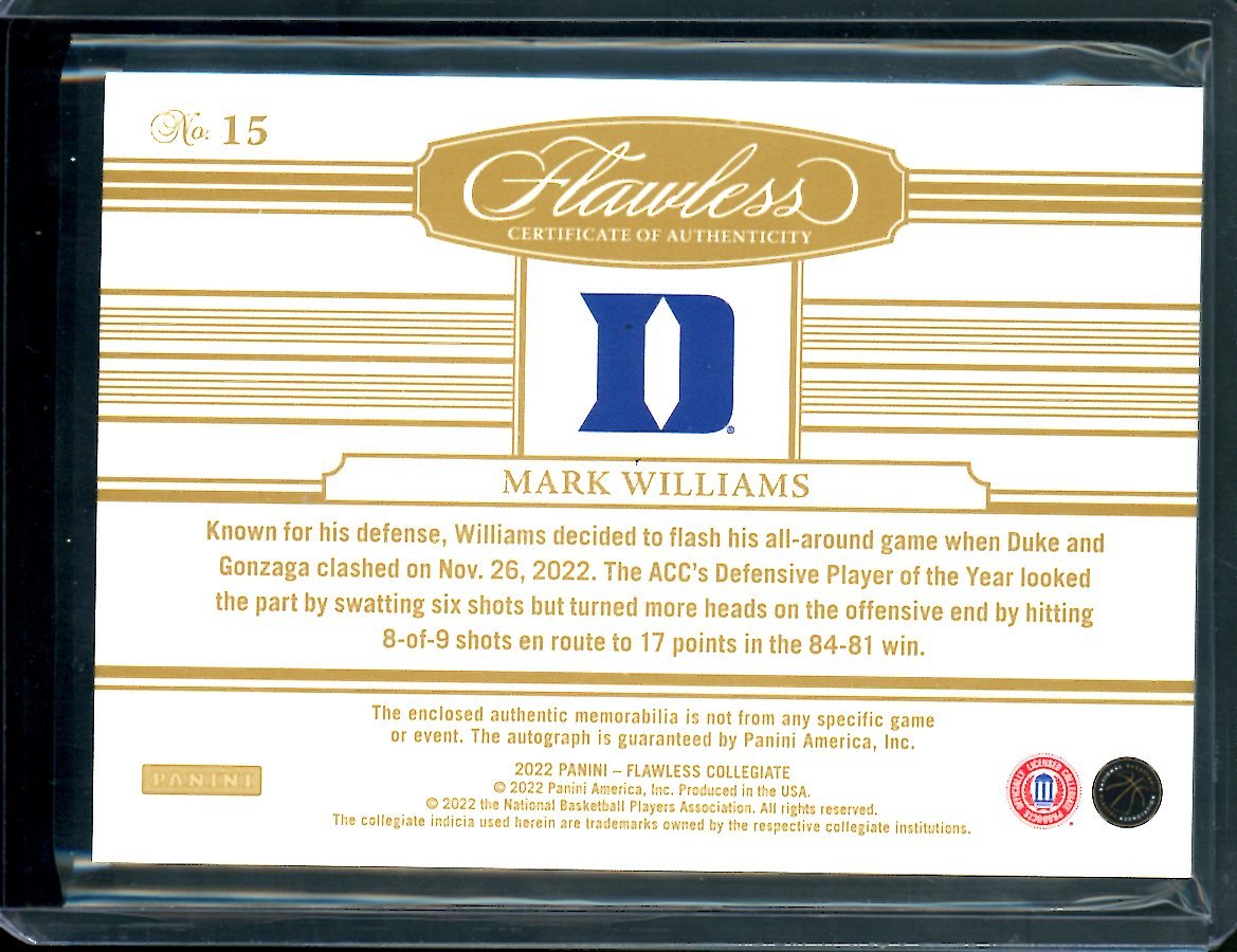 2022/23 Panini Flawless Collegiate Mark Williams RPA /25 Duke - Trading Card Market