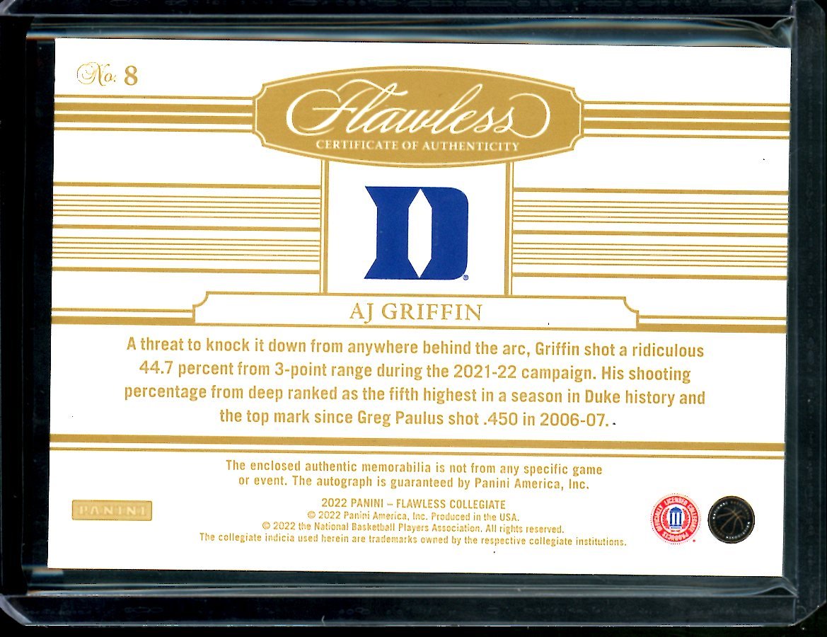 2022/23 Panini Flawless Collegiate AJ Griffin Rookie RPA /25 Duke - Trading Card Market
