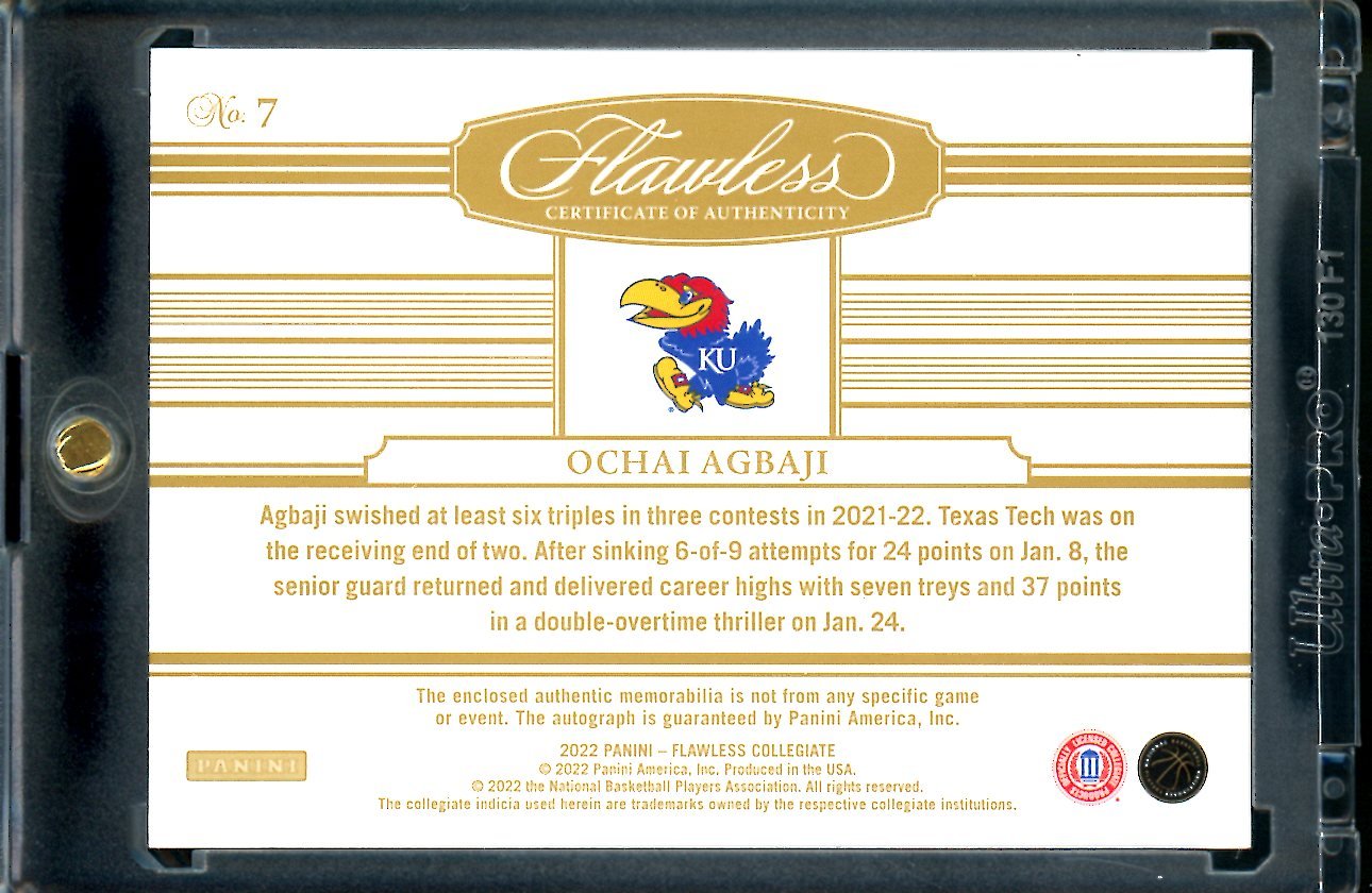2022/23 Panini Flawless Collegiate Ochai Agbaji Rookie RPA Logo 1/1 Kansas - Trading Card Market