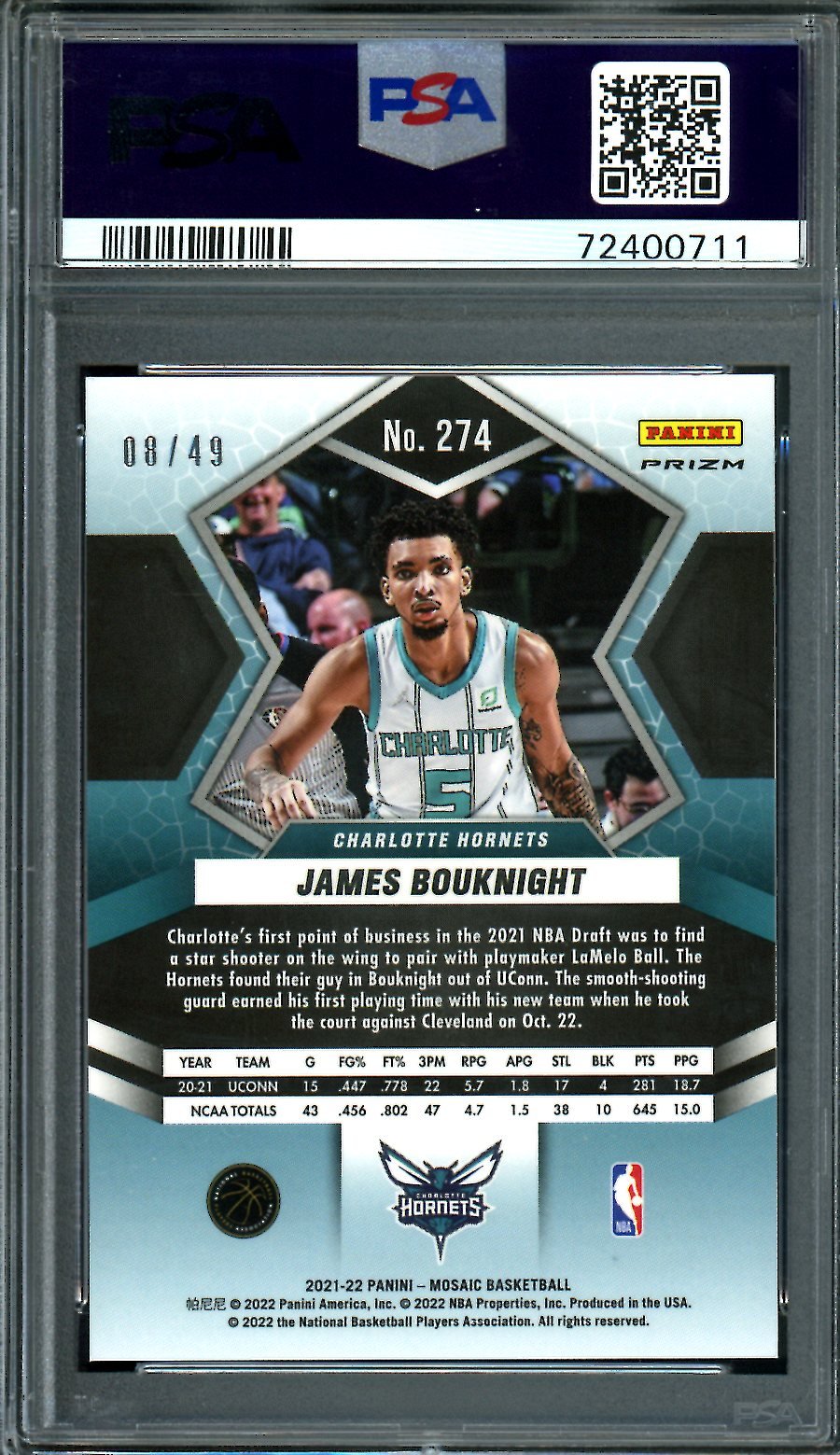 2021/22 Panini Mosaic James Bouknight Rookie Purple Mosaic /49 Hornets PSA 9 - Trading Card Market