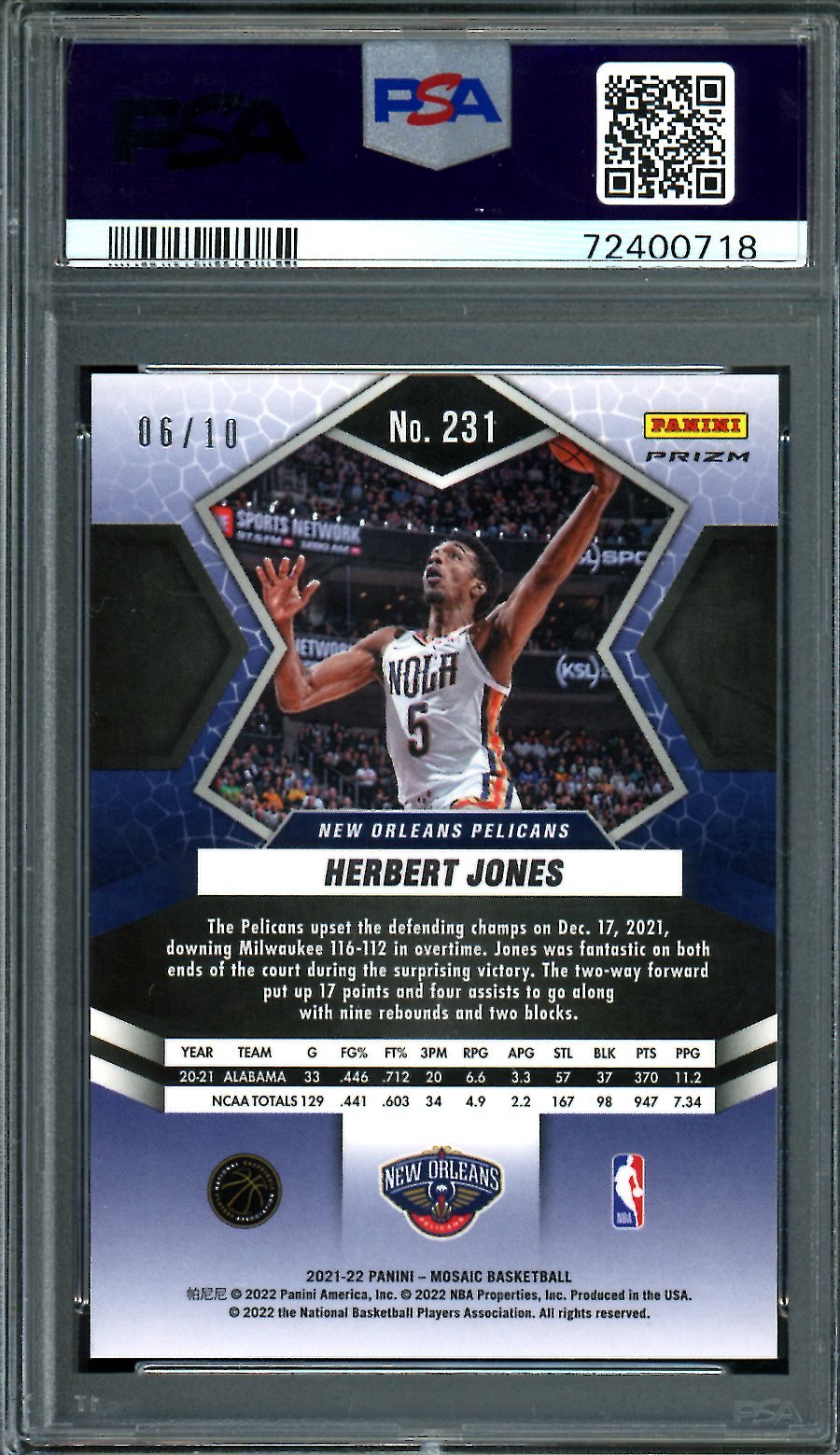 2021/22 Panini Mosaic Herbert Jones Rookie Green Swirl /10 Pelicans PSA 9 - Trading Card Market