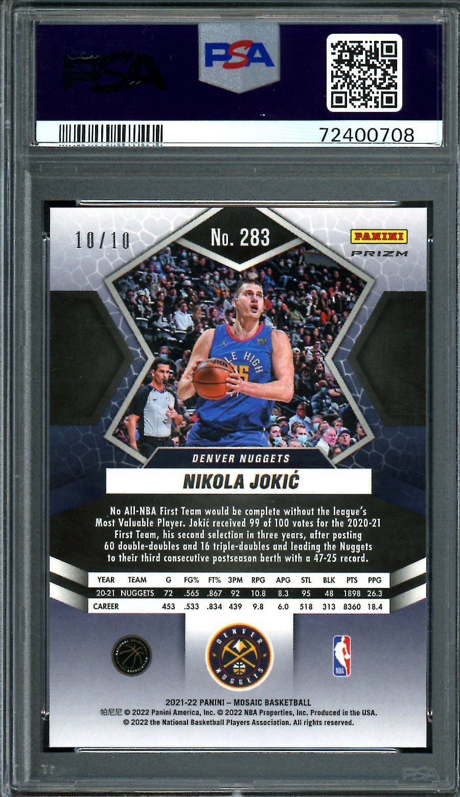 2021/22 Panini Mosaic Nikola Jokic Green Swirl /10 Nuggets PSA 8 - Trading Card Market