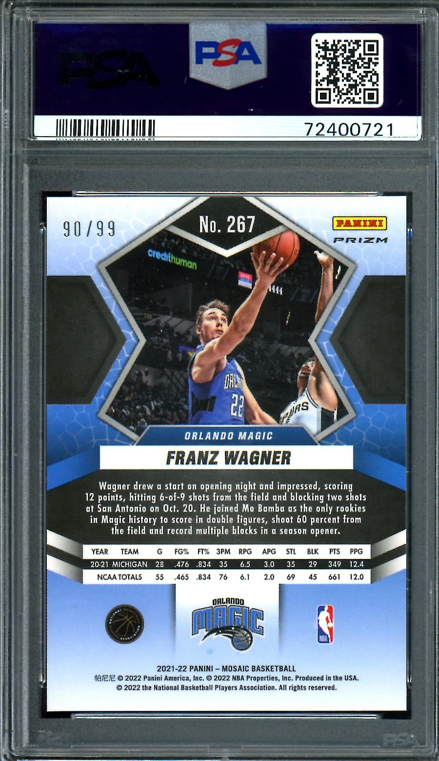 2021/22 Panini Mosaic Franz Wagner Rookie Blue Mosaic /99 Magic PSA 9 - Trading Card Market
