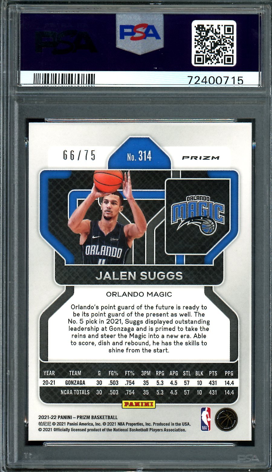 2021/22 Panini Prizm Jalen Suggs Rookie Fast Break Purple /75 Magic PSA 9 - Trading Card Market
