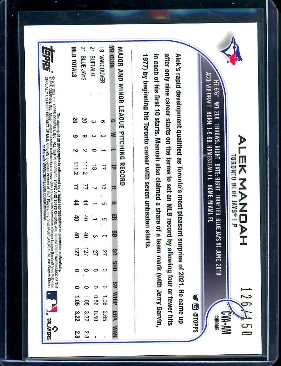 2022 Topps Chrome Alek Manoah Blue Wave Auto /150 Blue Jays - Trading Card Market