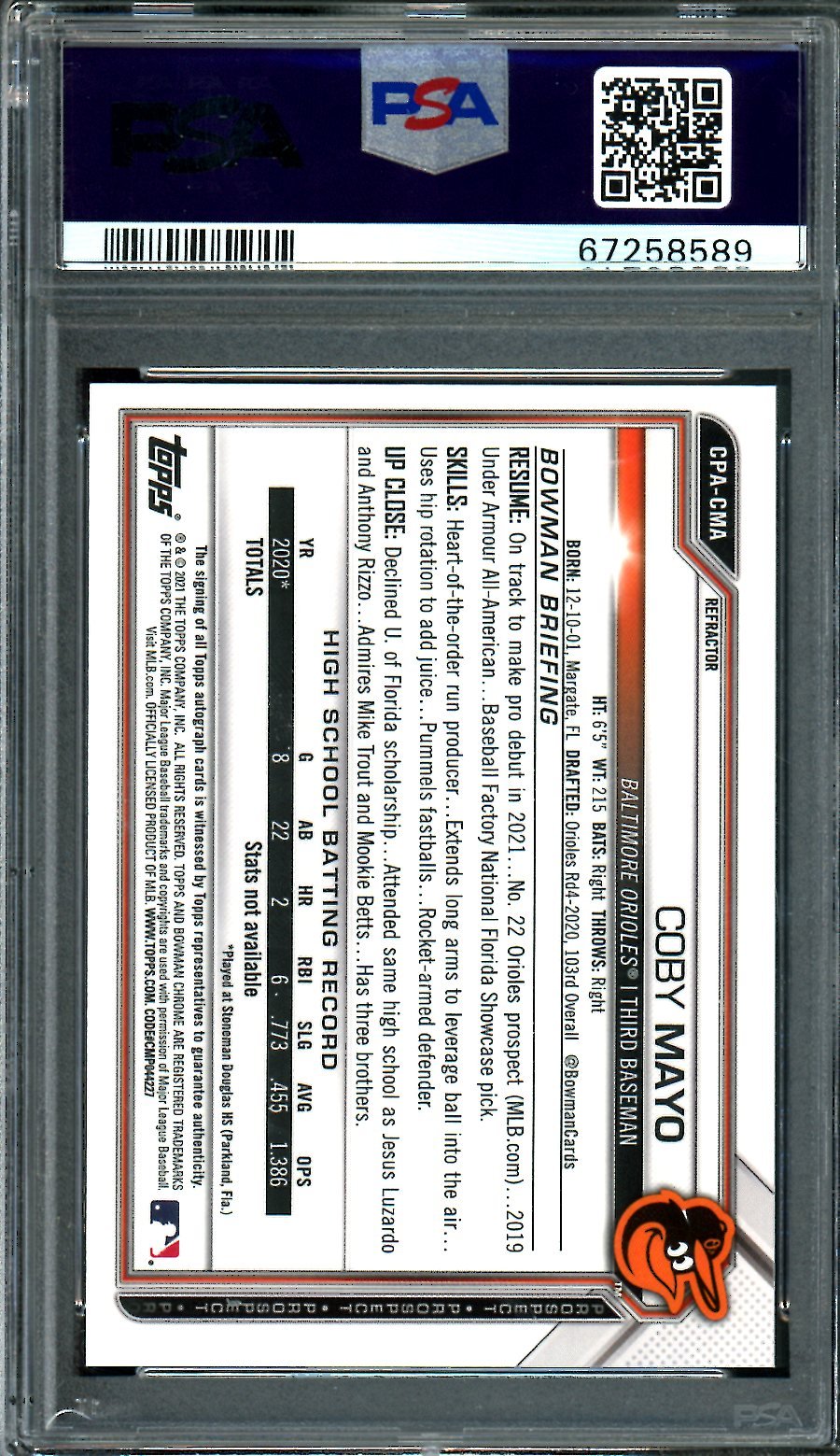 2021 Bowman Coby Mayo 1st Bowman Refractor Auto /499 PSA 9 Orioles - Trading Card Market