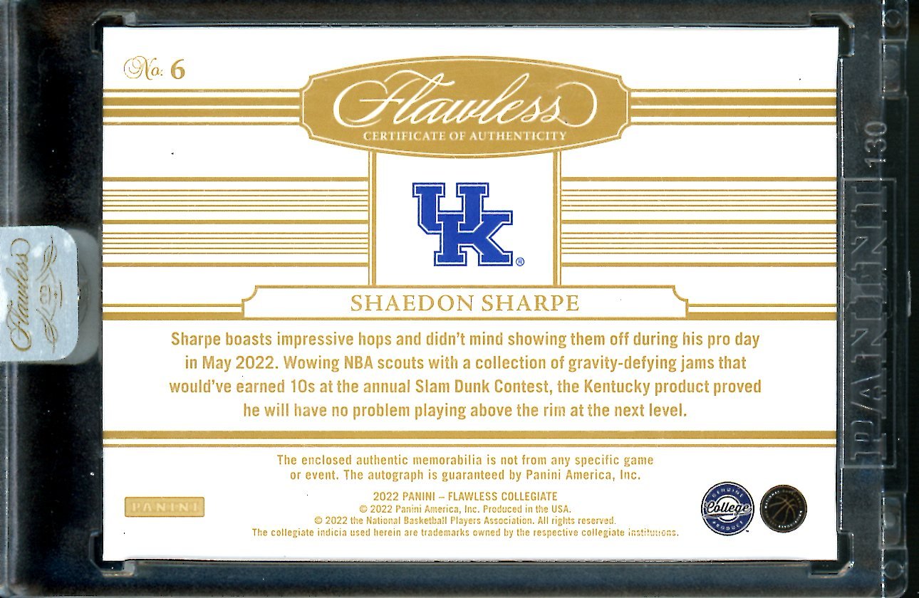 2022/23 Panini Flawless Collegitae Shaedon Sharpe Rookie RPA /25 Trailblazers - Trading Card Market