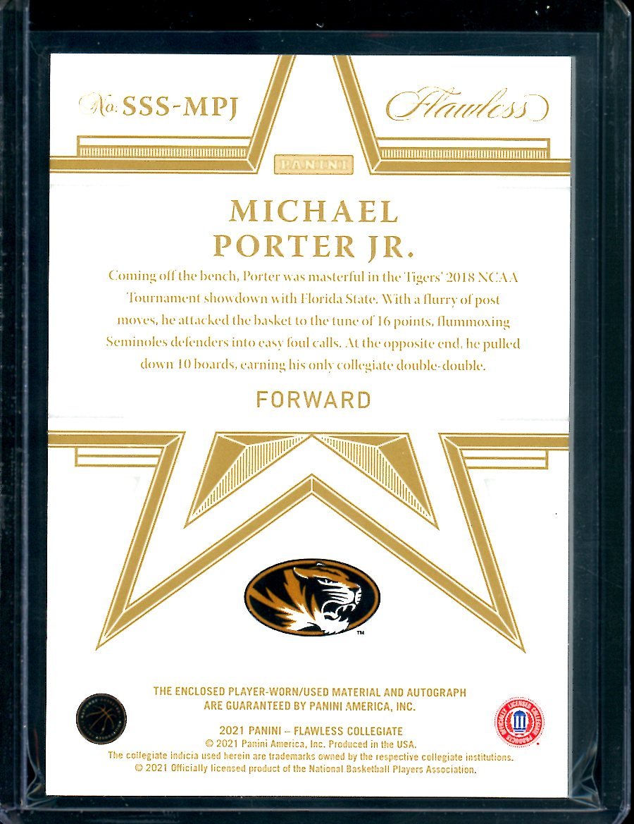 2021/22 Panini Flawless Collegitae Michael Porter Jr. Patch Auto Gold /10 Nuggets - Trading Card Market