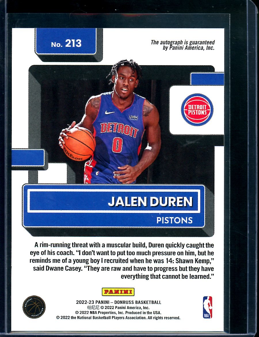 2022/23 Panini Donruss Choice Jalen Duren Rookie Auto Blue /49 Pistons - Trading Card Market