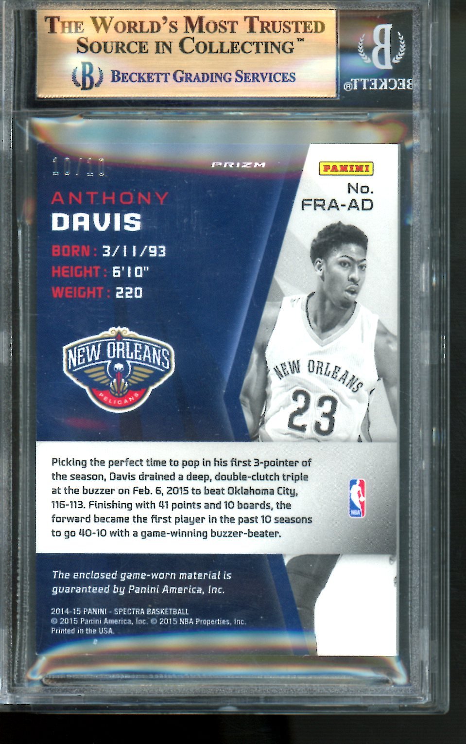 2014/15 Panini Spectra Anthony Davis Franchise Faberics Gold /10 BGS 9.5 Lakers - Trading Card Market