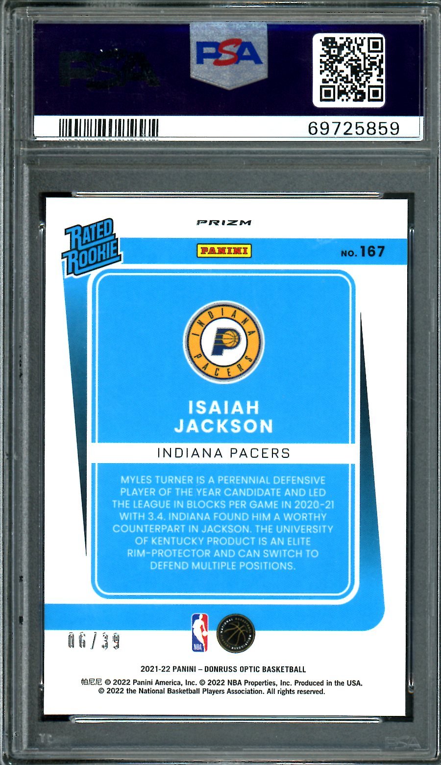 2021/22 Panini Optic Isaiah Jackson Rookie Black Velocity /39 PSA 7 Pacers - Trading Card Market