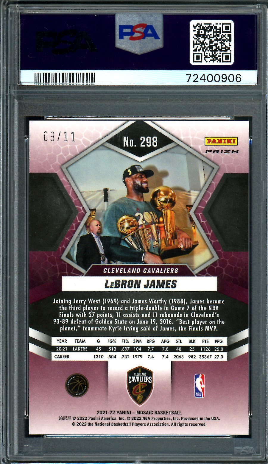 2021/22 Panini Mosaic LeBron James Finals MVP Pink Swirl /11 PSA 9 Lakers - Trading Card Market