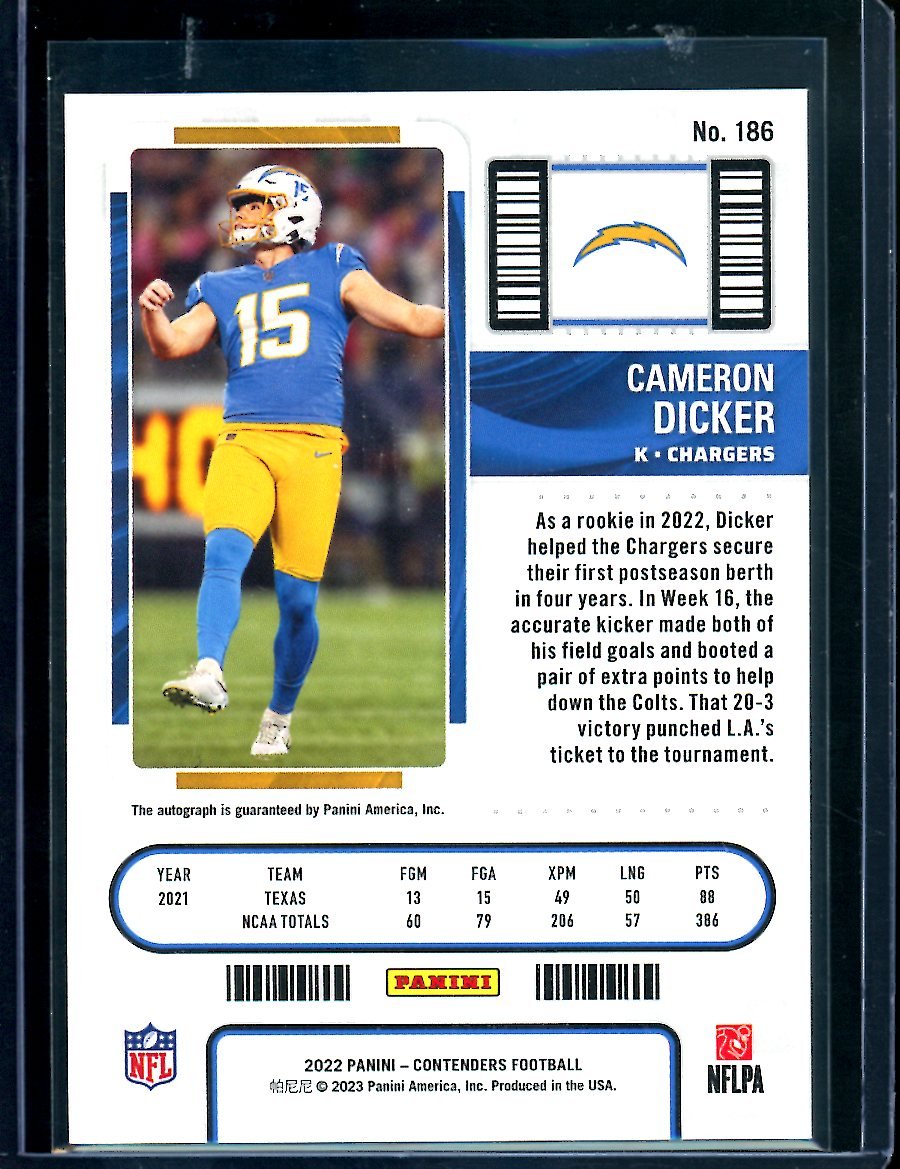 2022 Panini Contenders Cameron Dicker Rookie Showcase Ticket Auto Chargers - Trading Card Market