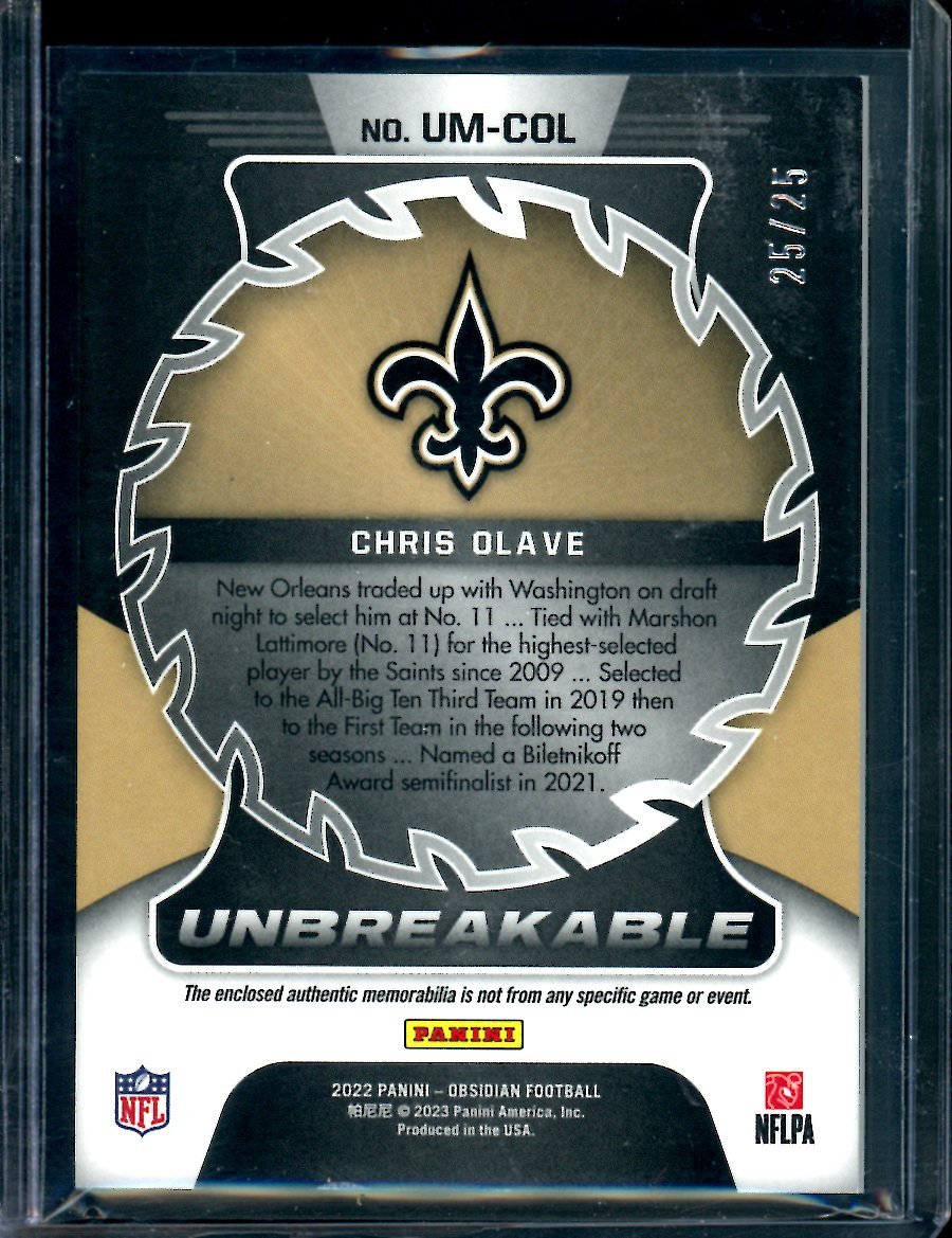 2022 Panini Obsidian Chris Olave Rookie Unbreakable Patch /25 Saints - Trading Card Market