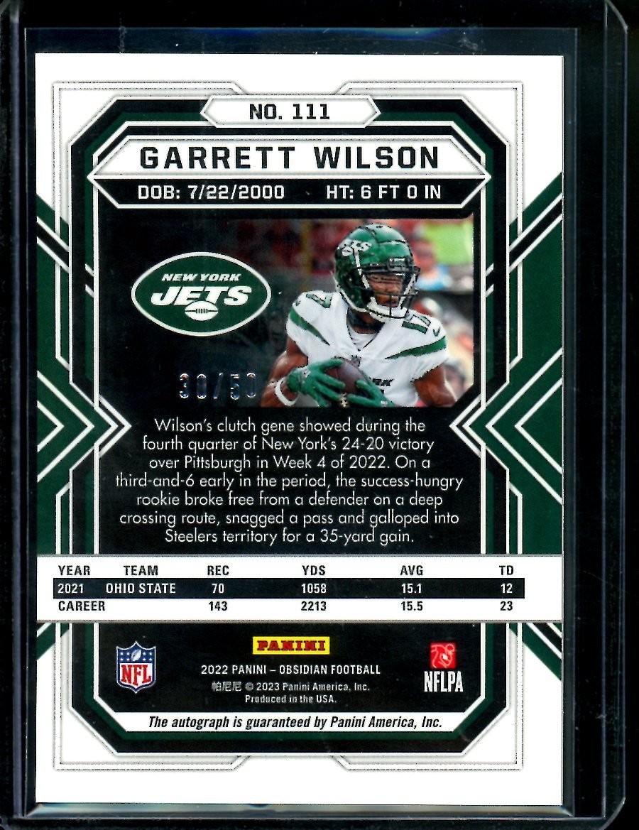 2022 Panini Obsidian Garrett Wilson Rookie Auto Green Etch /50 Jets - Trading Card Market