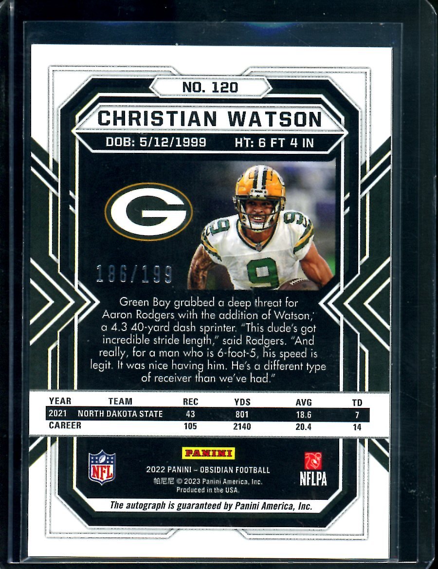 2022 Panini Obsidian Christian Watson Rookie Auto /199 Packers - Trading Card Market