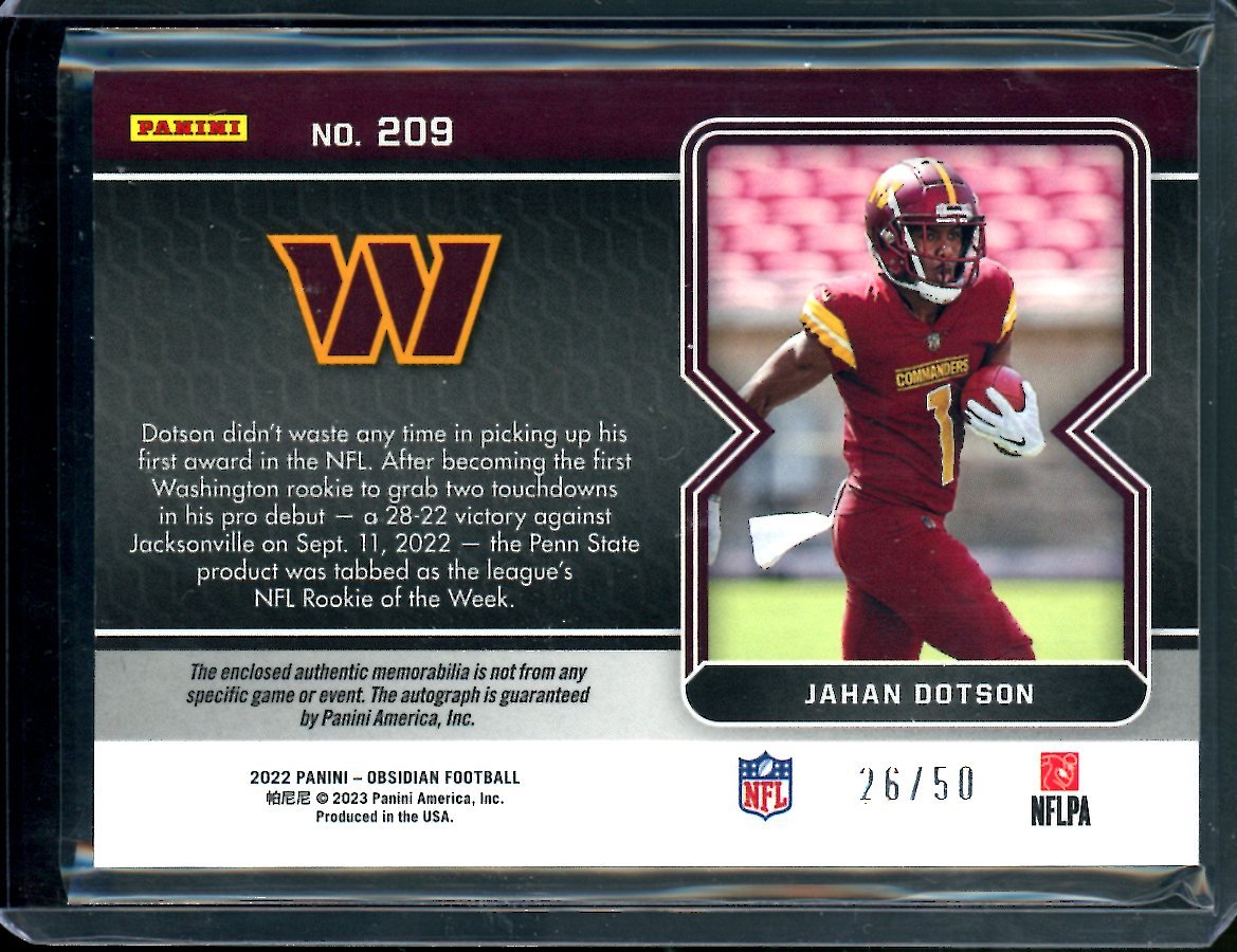 2022 Panini Obsidian Jahan Dotson Rookie RPA Green Etch /50 Commanders - Trading Card Market