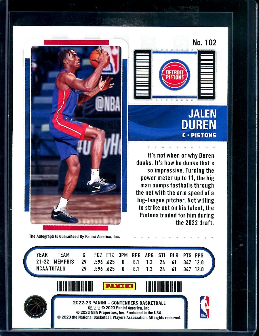 2022/23 Panini Contenders Jalen Duren Rookie Playoff Ticket Auto /99 Pistons - Trading Card Market