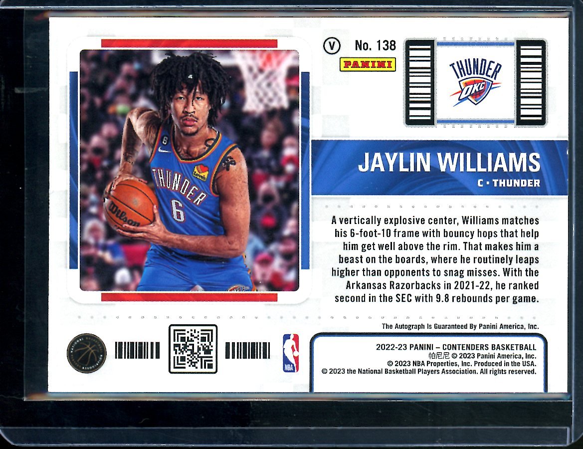 2022/23 Panini Contenders Jaylin Williams Rookie Ticket Auto Variation Thunder - Trading Card Market